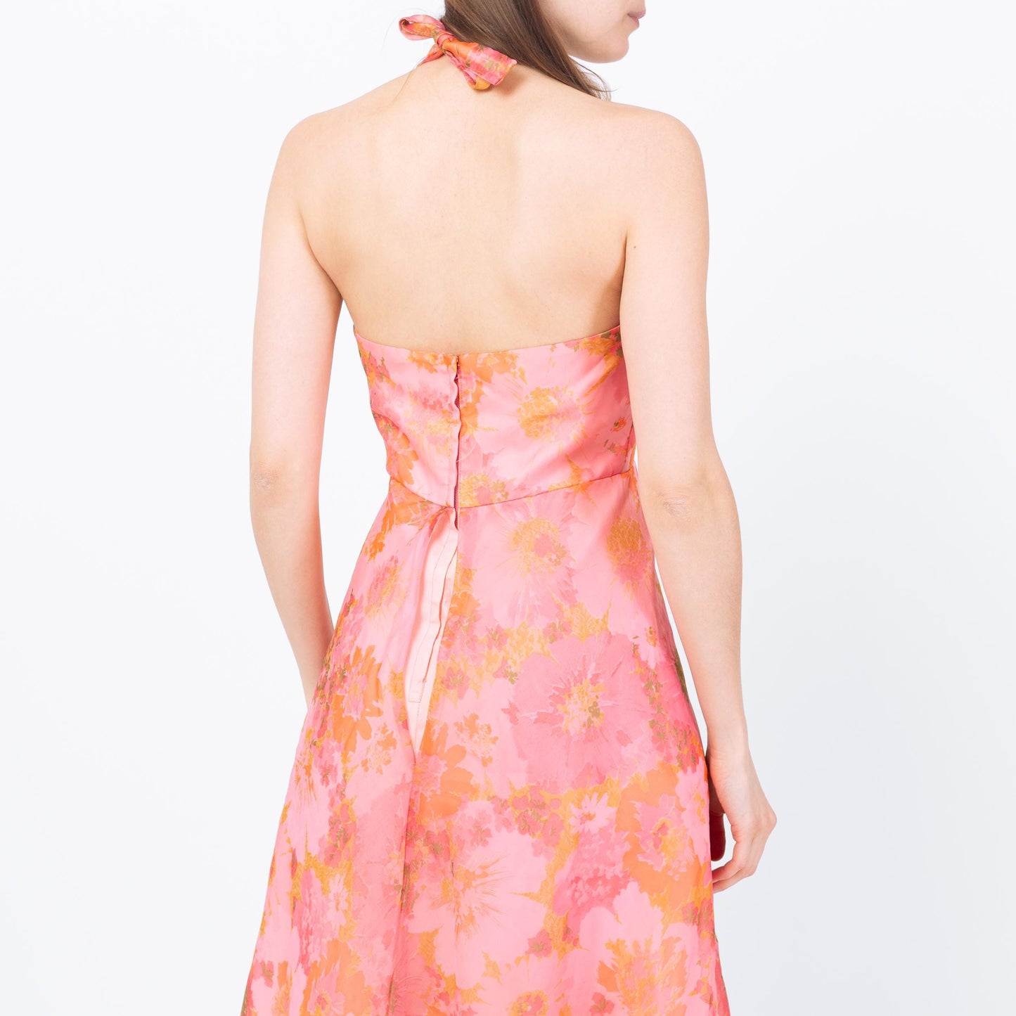 Vintage 70s Pink Floral Organza Maxi Dress - Petite Small | Boho Hippie Halter Sundress