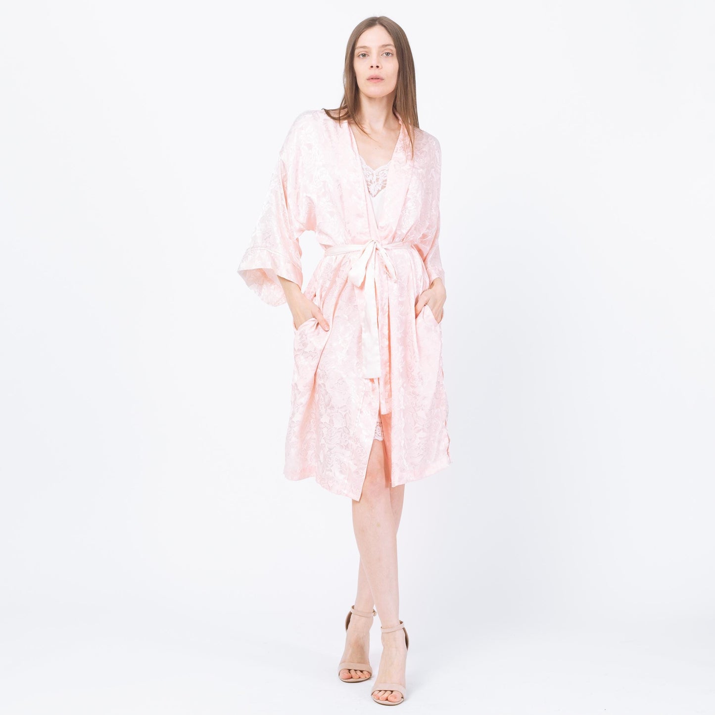 Vintage 90s Victoria's Secret Pink Jacquard Satin Robe - One Size | Floral Loungewear Mini Kimono