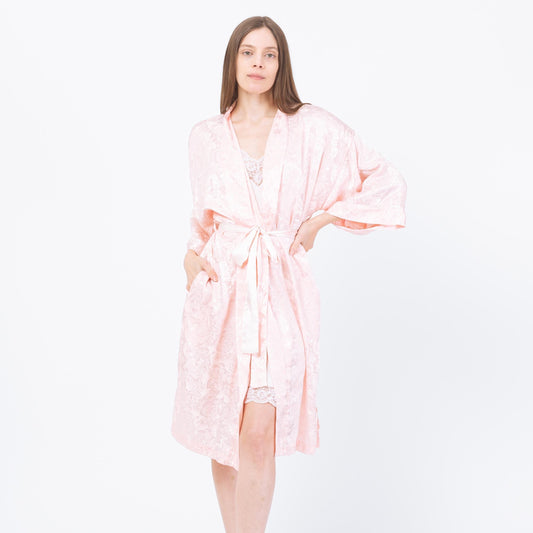 Vintage 90s Victoria's Secret Pink Jacquard Satin Robe - One Size | Floral Loungewear Mini Kimono
