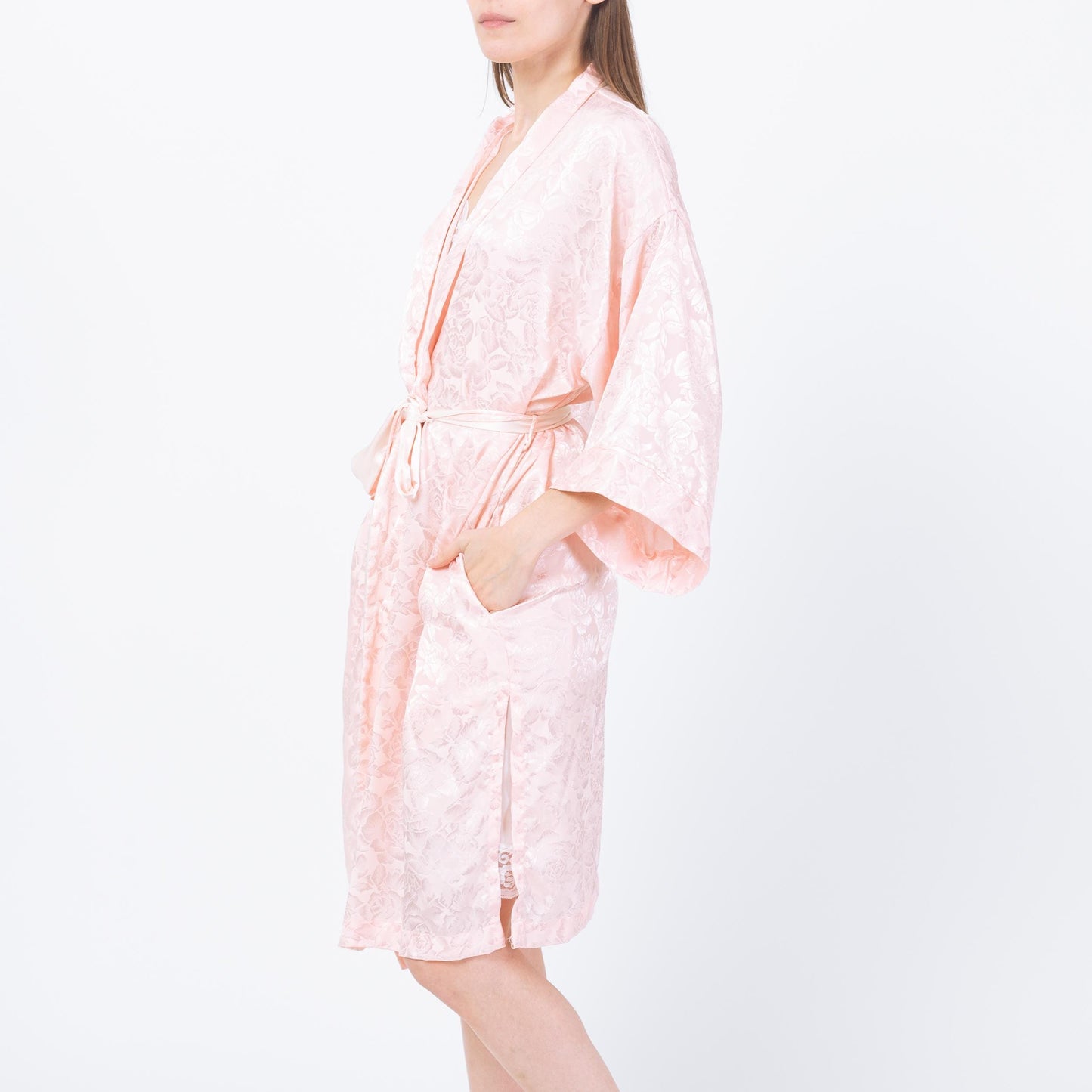 Vintage 90s Victoria's Secret Pink Jacquard Satin Robe - One Size | Floral Loungewear Mini Kimono