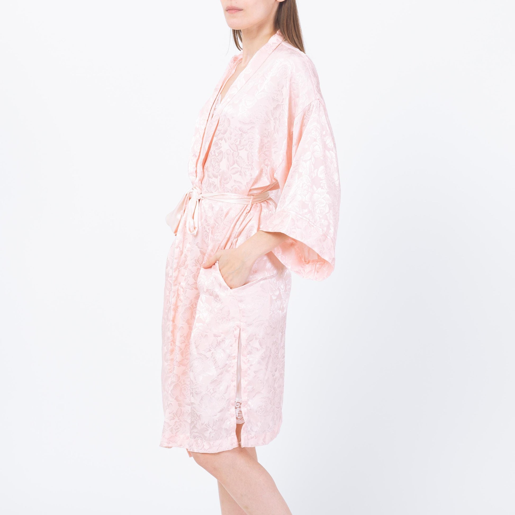 Vintage 90s Victoria's Secret Pink Jacquard Satin Robe - One Size | Floral Loungewear Mini Kimono