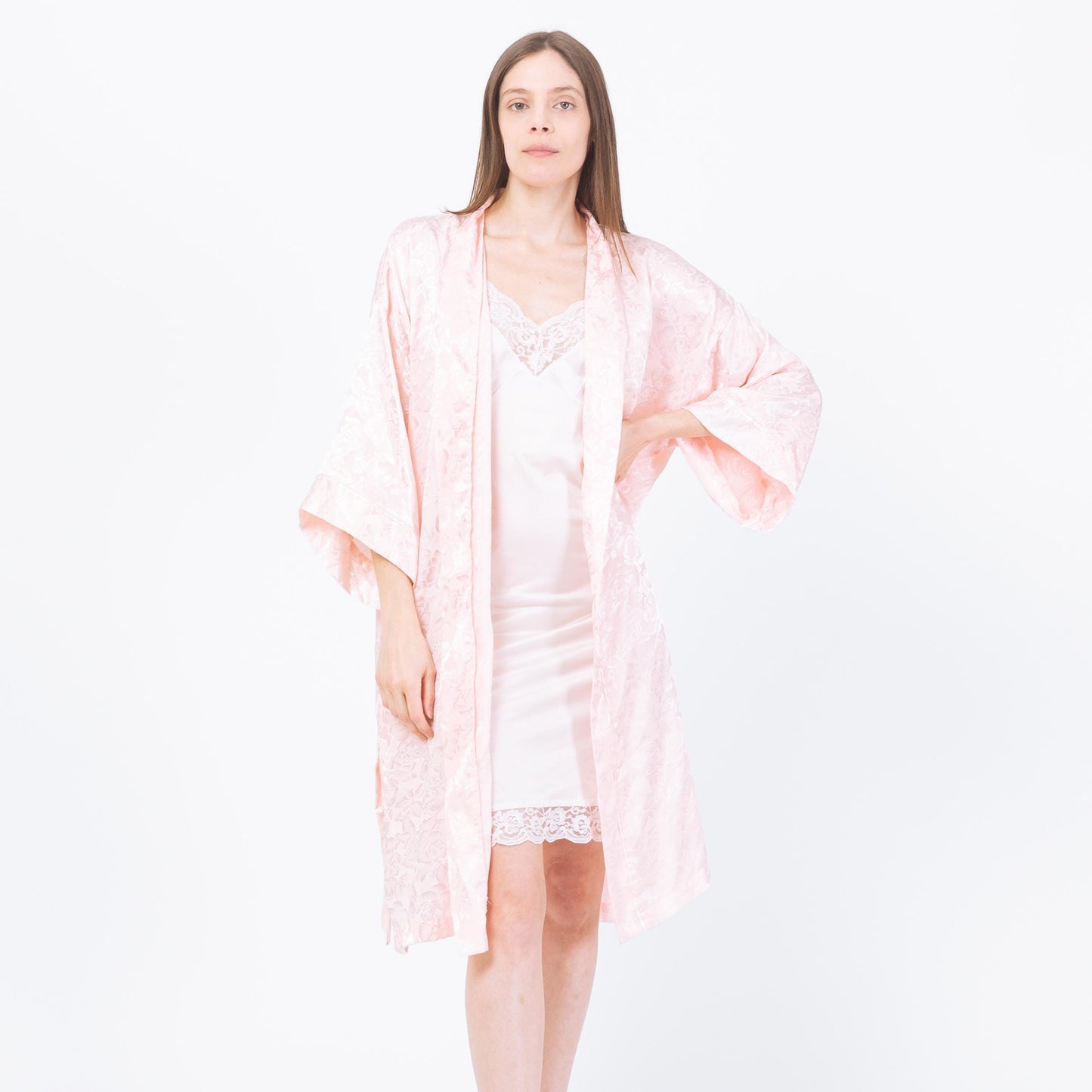 Vintage 90s Victoria's Secret Pink Jacquard Satin Robe - One Size | Floral Loungewear Mini Kimono