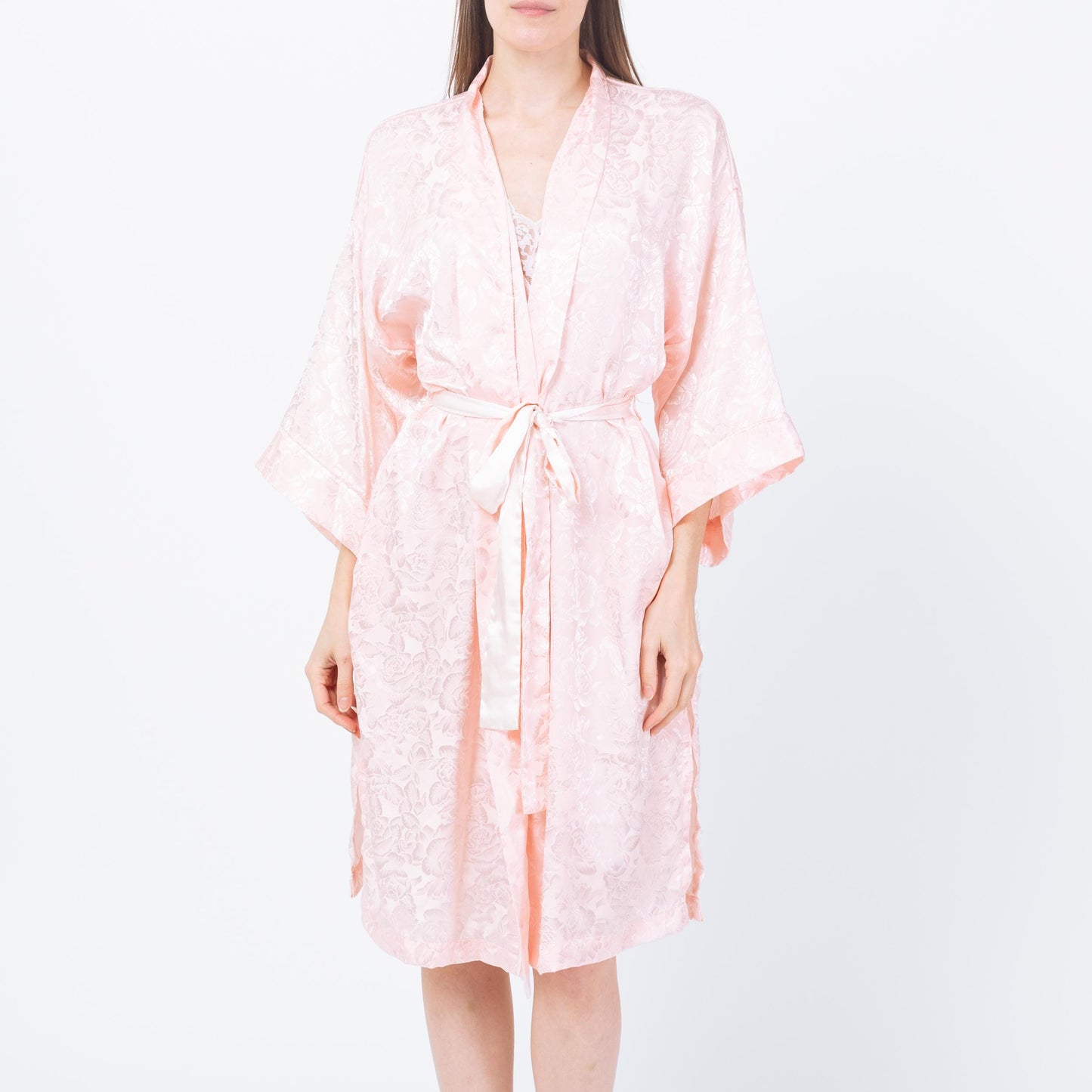 Vintage 90s Victoria's Secret Pink Jacquard Satin Robe - One Size | Floral Loungewear Mini Kimono