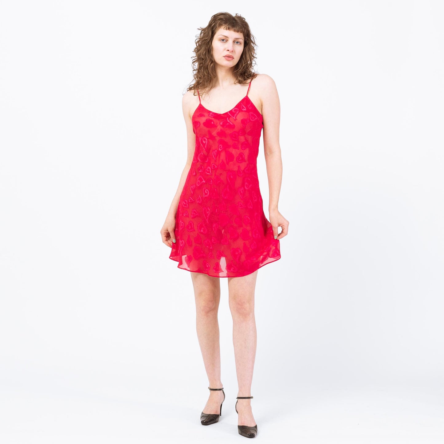 Vintage Y2K Hot Pink Heart Print Slip Dress - Medium