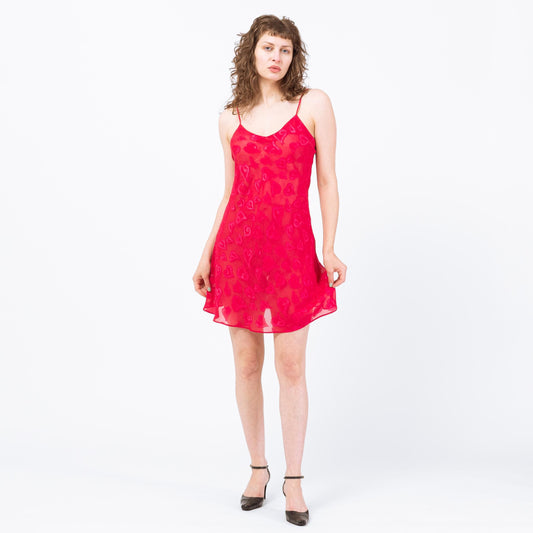 Vintage Y2K Hot Pink Heart Print Slip Dress - Medium