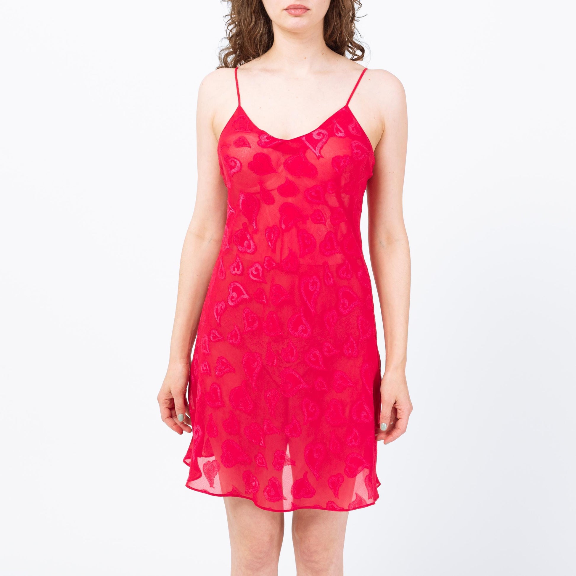 Vintage Y2K Hot Pink Heart Print Slip Dress - Medium