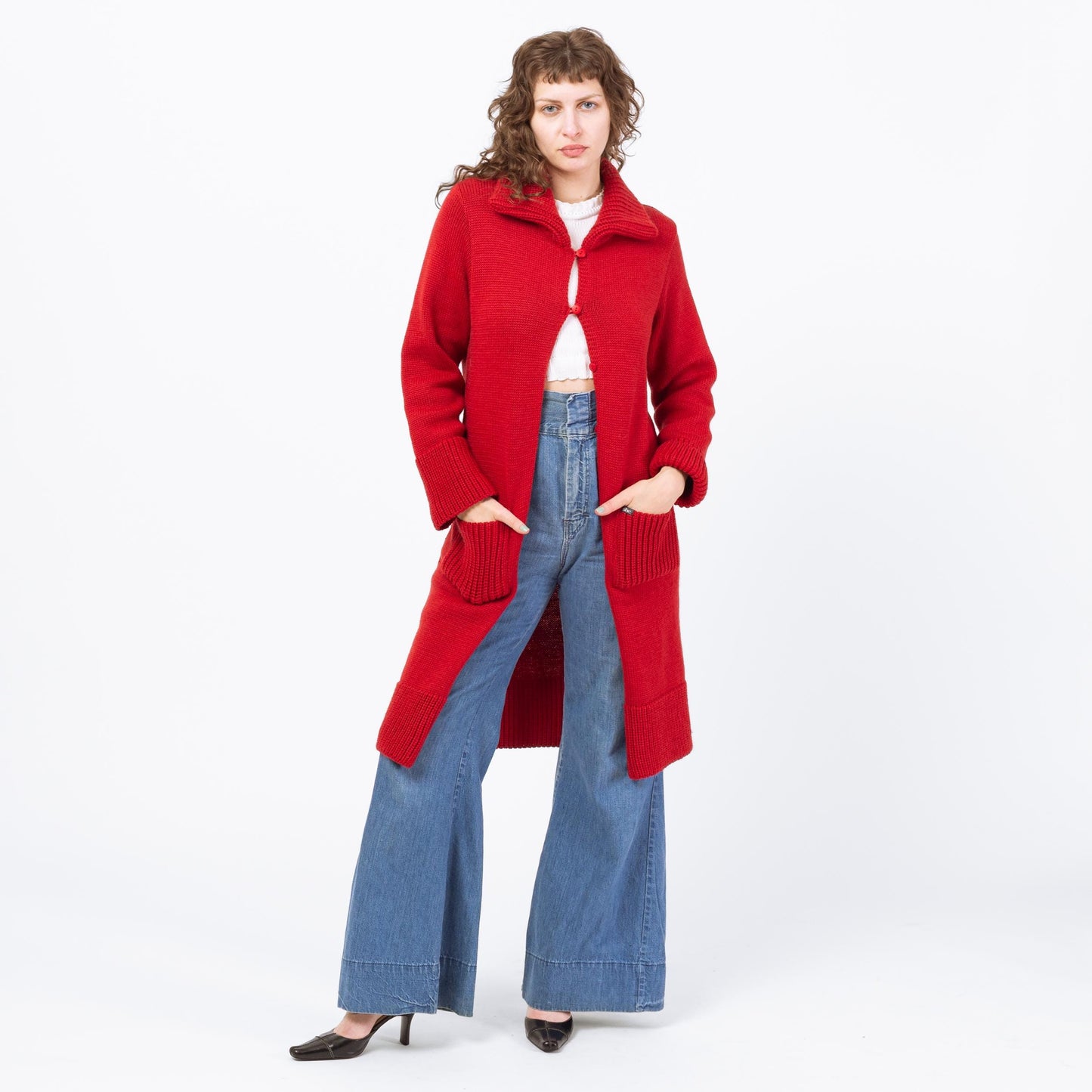 Vintage 90s Red Irish Wool Knit Long Cardigan - Medium