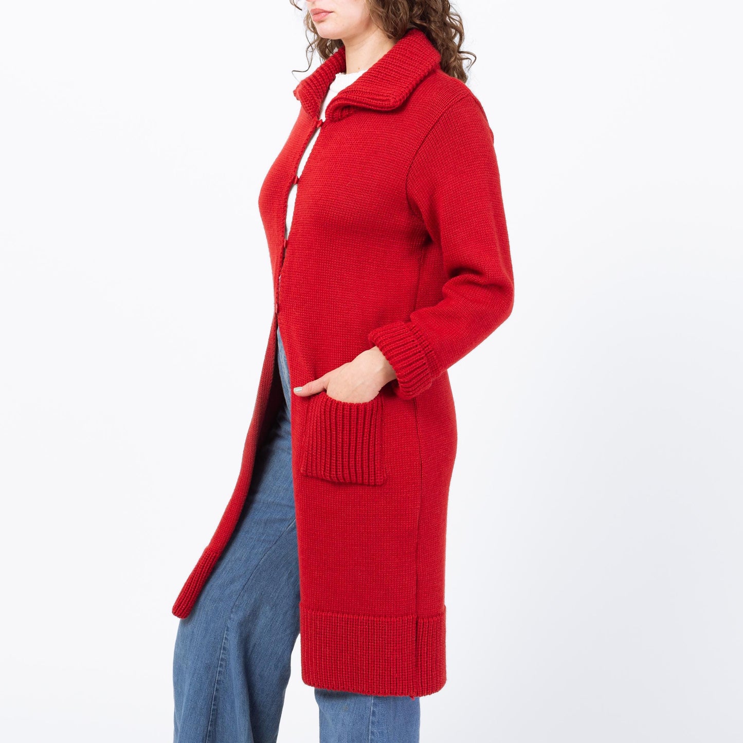 Vintage 90s Red Irish Wool Knit Long Cardigan - Medium