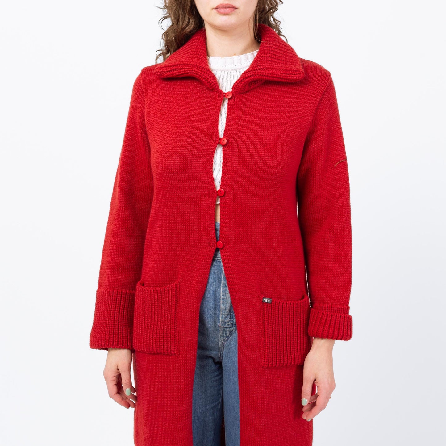 Vintage 90s Red Irish Wool Knit Long Cardigan - Medium