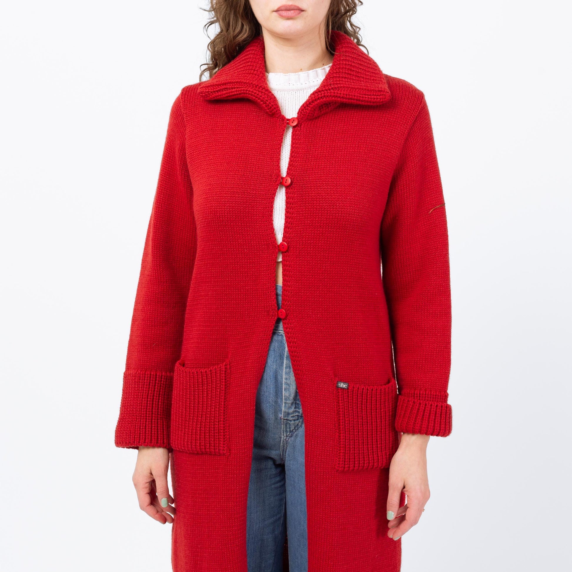 Vintage 90s Red Irish Wool Knit Long Cardigan - Medium