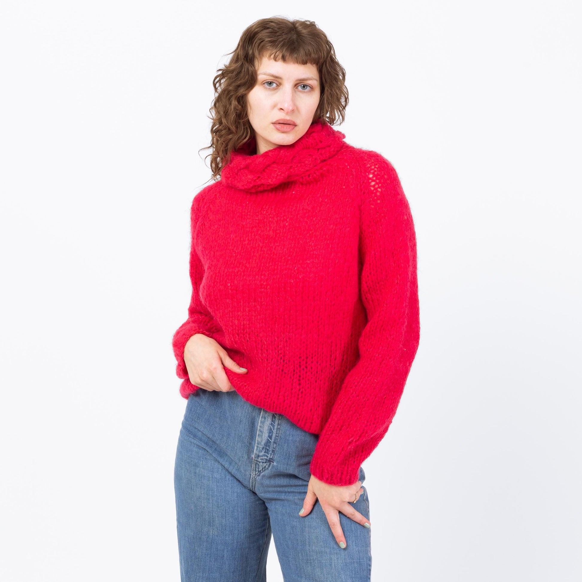 Vintage Hot Pink Mohair Knit Turtleneck Sweater - Large