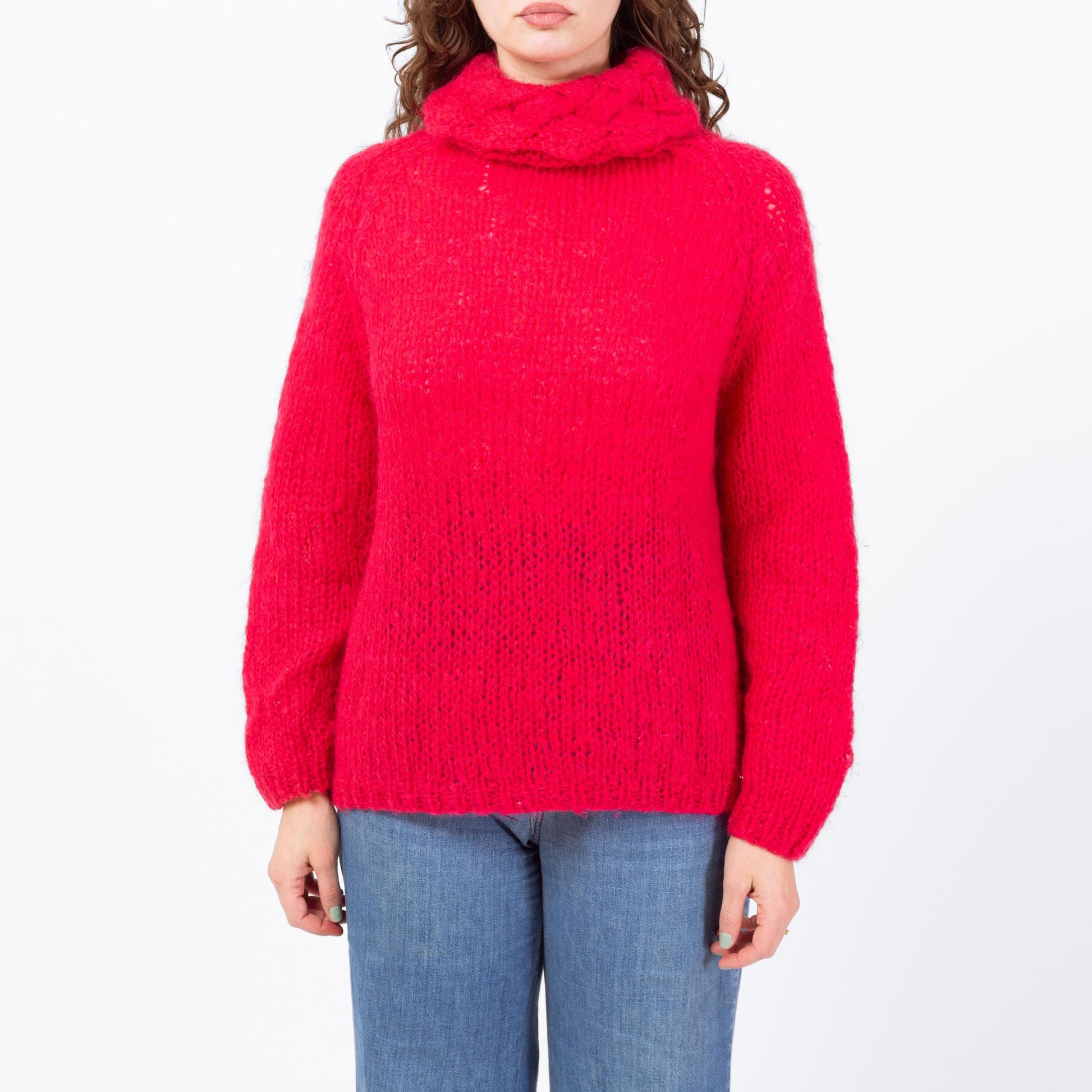 Vintage Hot Pink Mohair Knit Turtleneck Sweater - Large