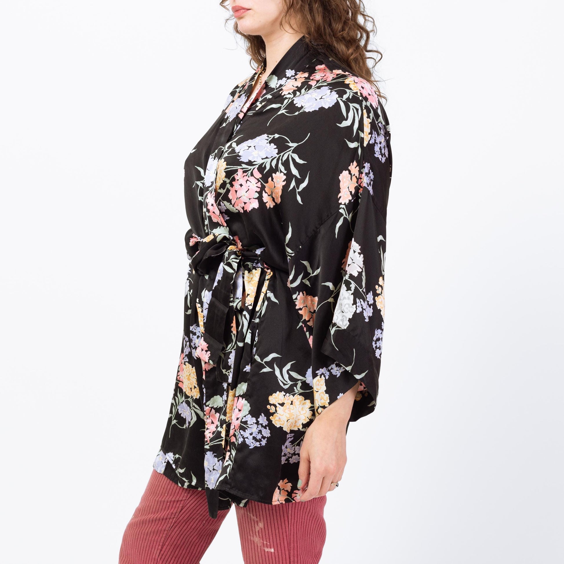 Vintage 90s Black Floral Silk Robe - Medium to Large