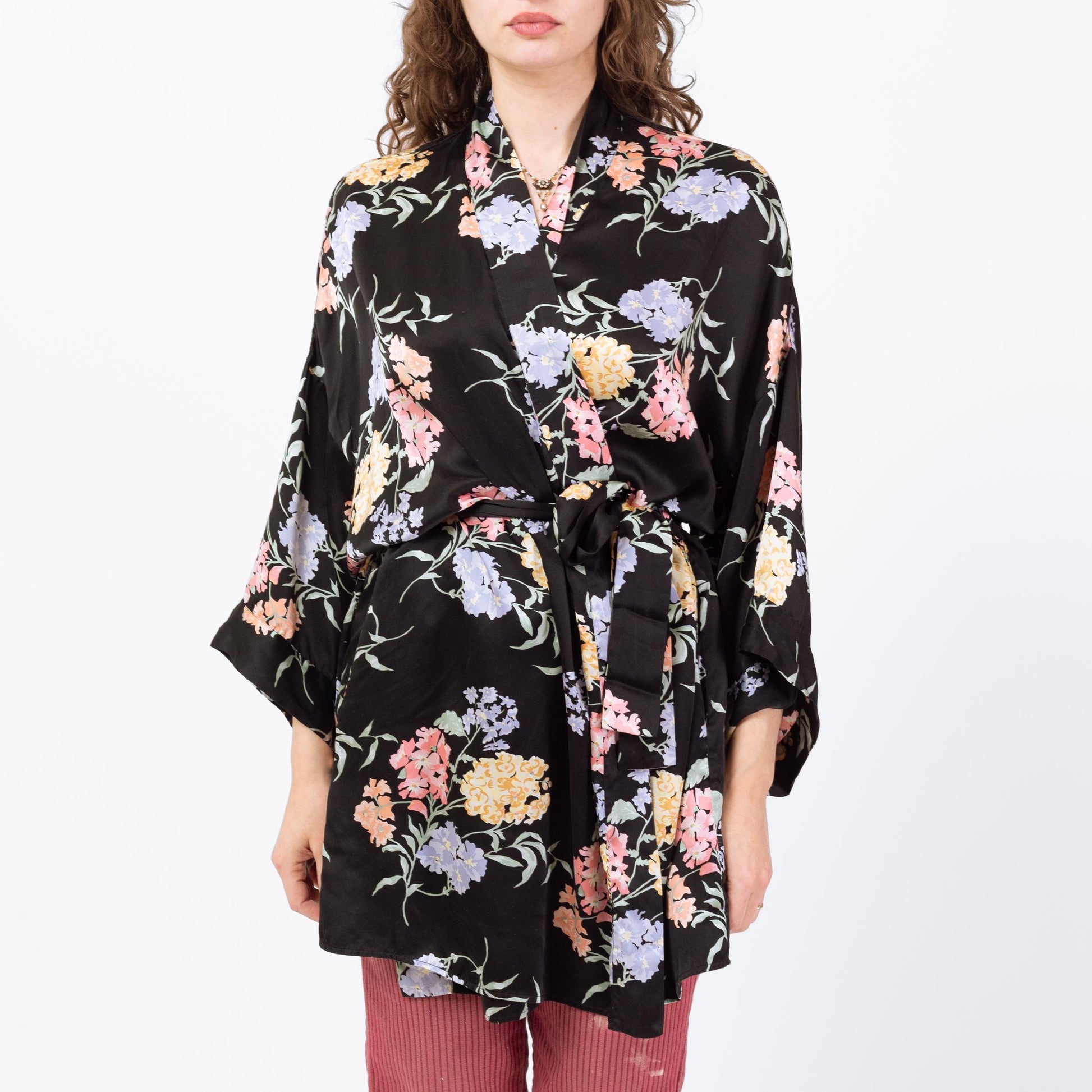 Vintage 90s Black Floral Silk Robe - Medium to Large
