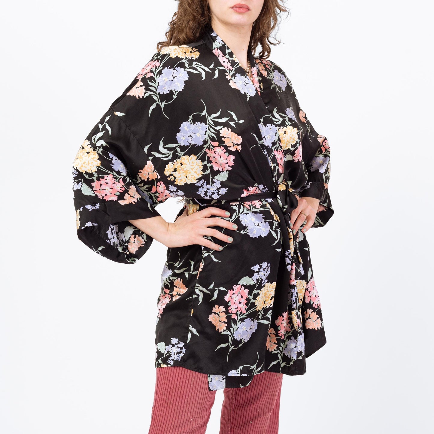 Vintage 90s Black Floral Silk Robe - Medium to Large