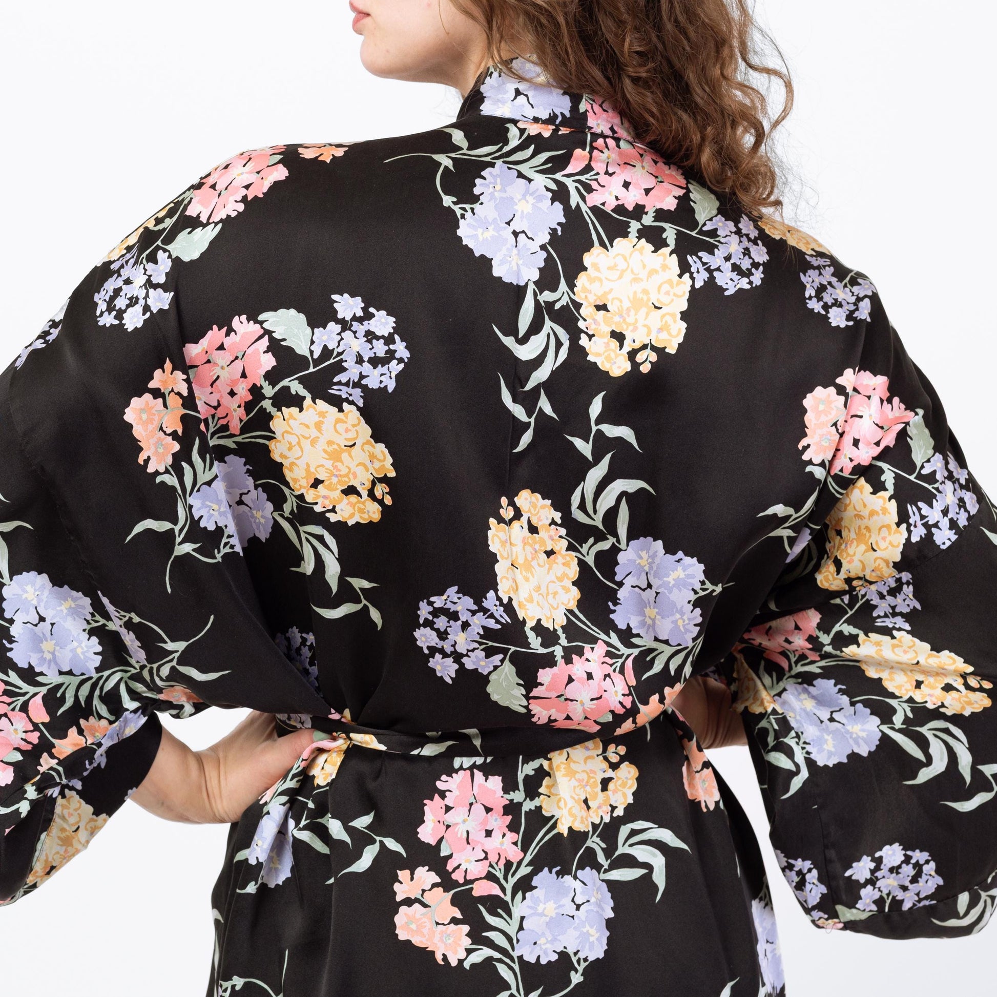 Vintage 90s Black Floral Silk Robe - Medium to Large