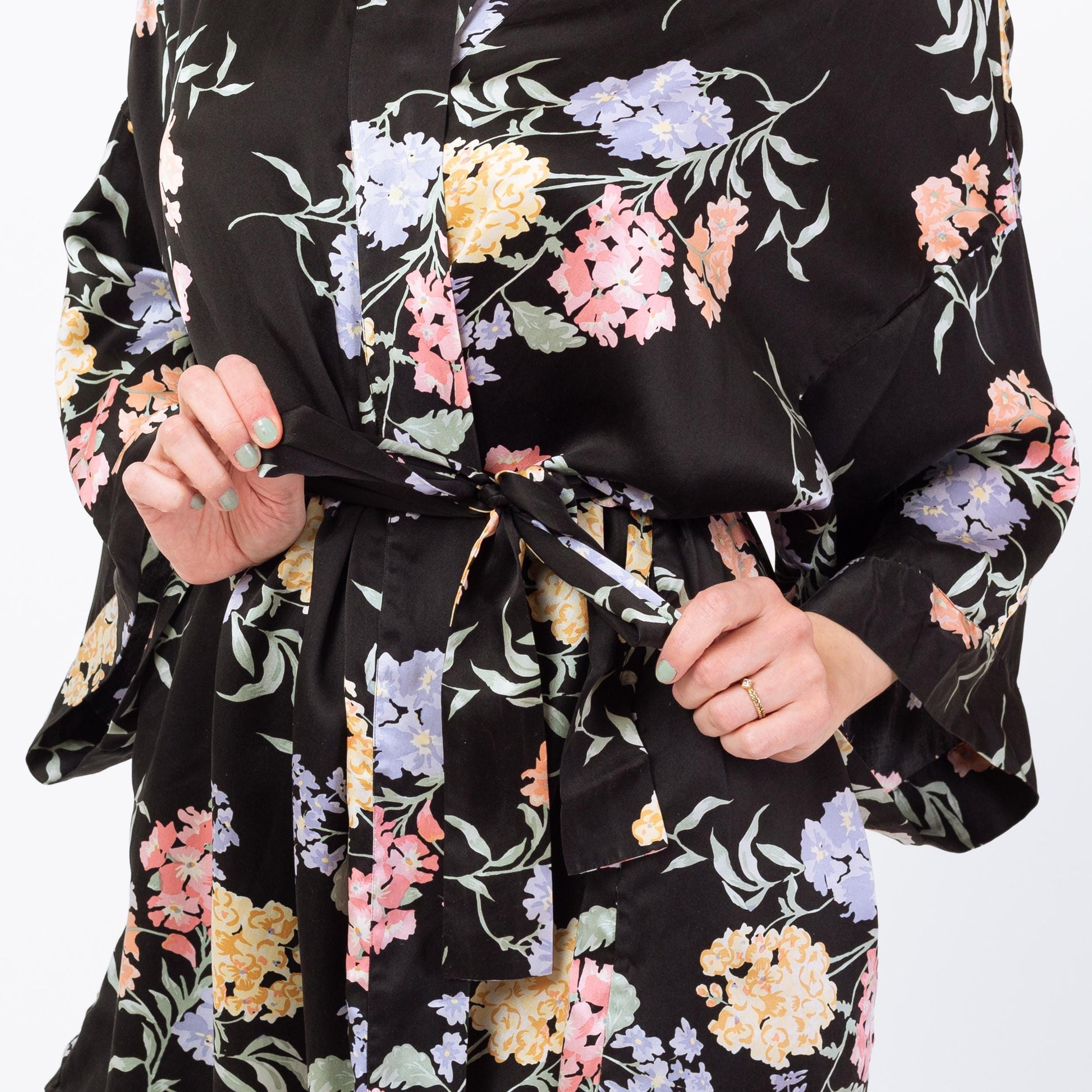 Vintage 90s Black Floral Silk Robe - Medium to Large