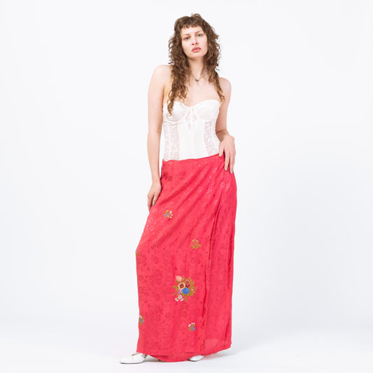 Vintage 90s Pink Floral Embroidered Maxi Wrap Skirt - Large