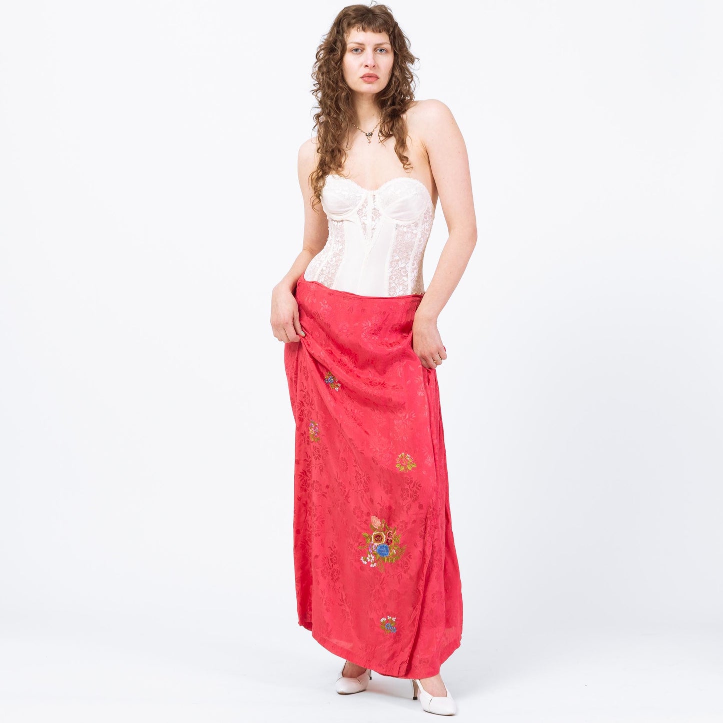 Vintage 90s Pink Floral Embroidered Maxi Wrap Skirt - Large