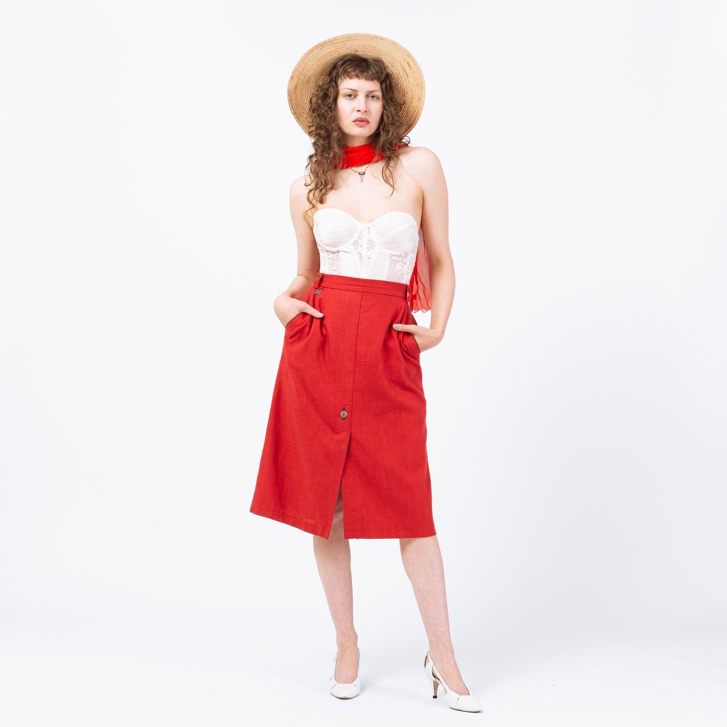 Vintage 90s Austrian Red Linen Embroidered Heart Folk Skirt - Large, 32" Waist