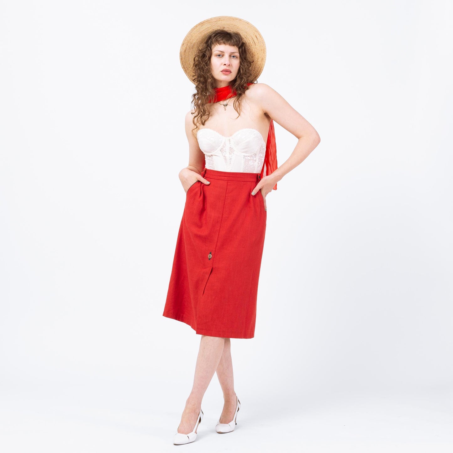 Vintage 90s Austrian Red Linen Embroidered Heart Folk Skirt - Large, 32" Waist