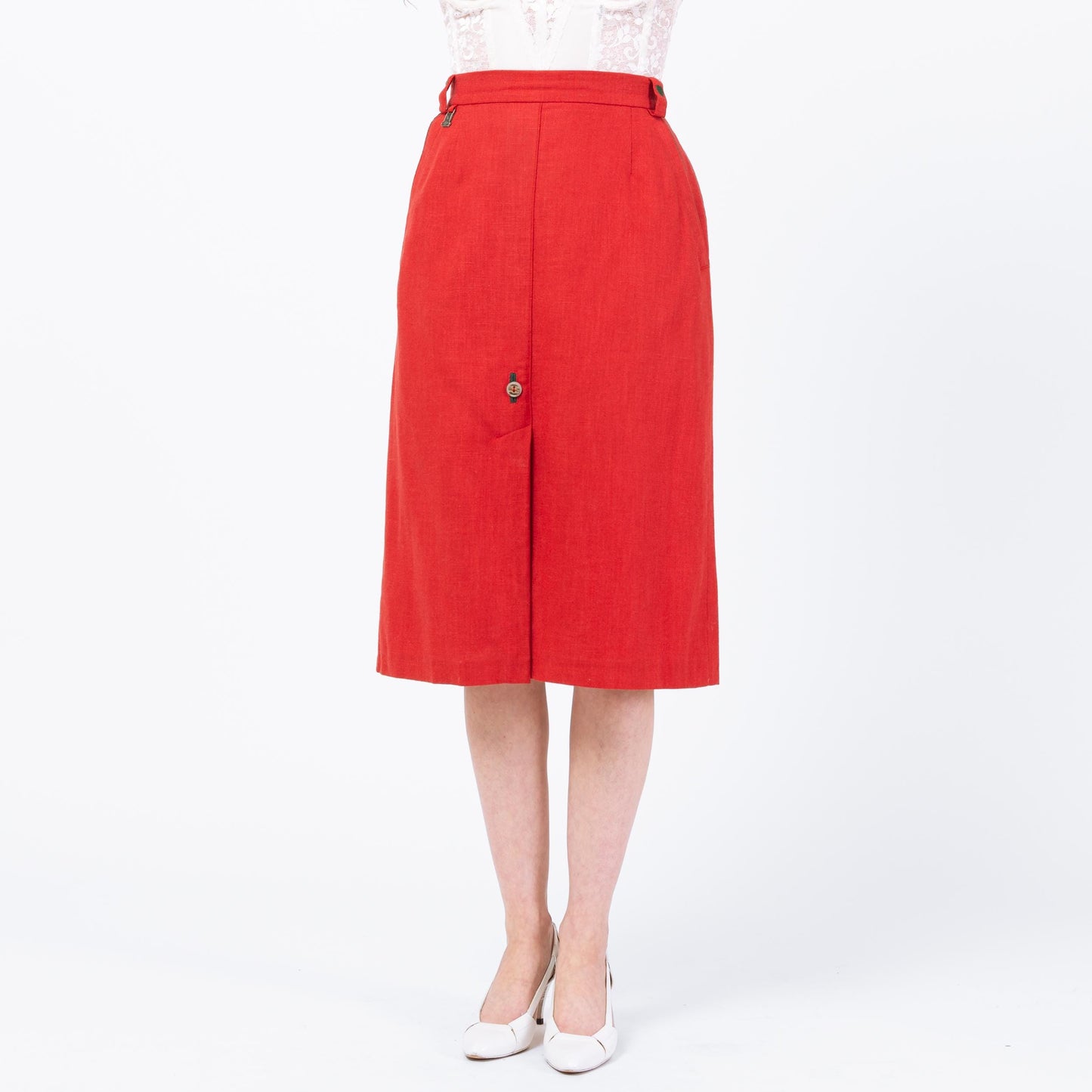 Vintage 90s Austrian Red Linen Embroidered Heart Folk Skirt - Large, 32" Waist