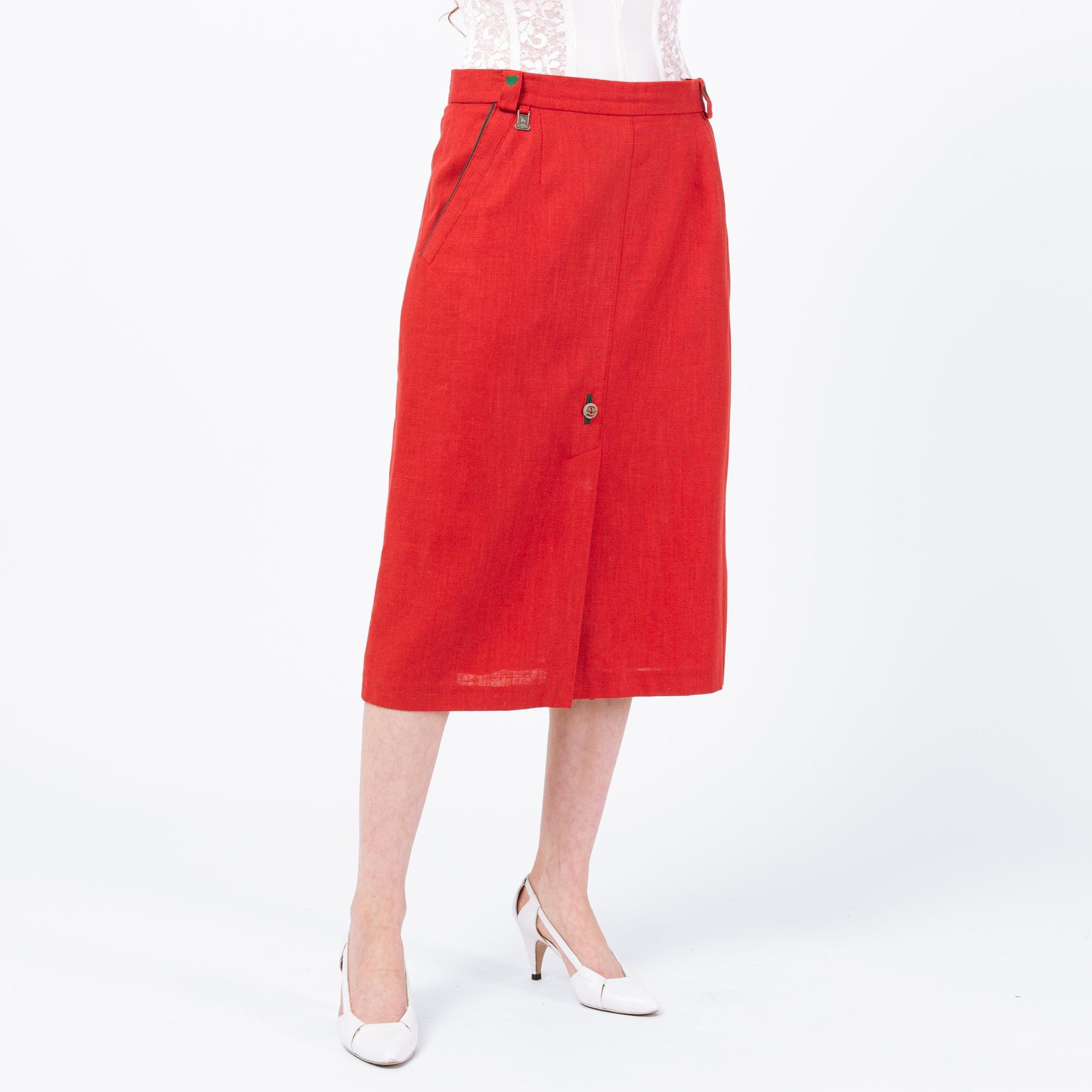 Vintage 90s Austrian Red Linen Embroidered Heart Folk Skirt - Large, 32" Waist