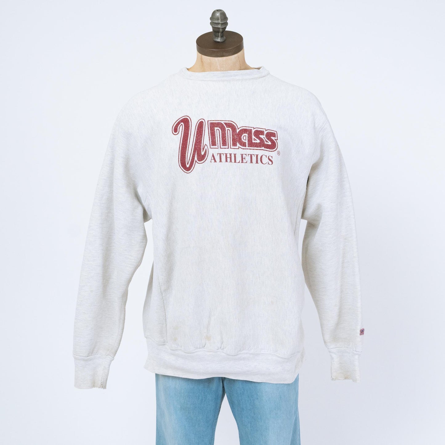 Vintage 90s UMass Athletics Sweatshirt - Extra Large | Distressed Grey Collegiate Graphic Crewneck