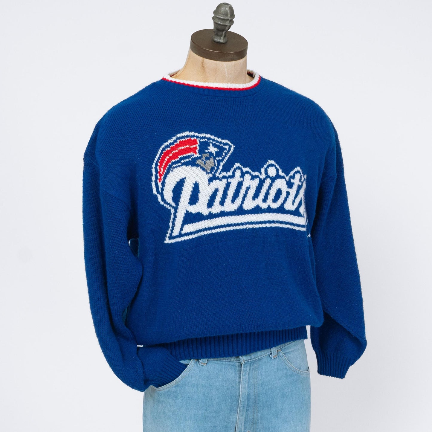 Vintage 80s New England Patriots Barrel II NFL Sweater - Medium | Blue Knit Football Pullover
