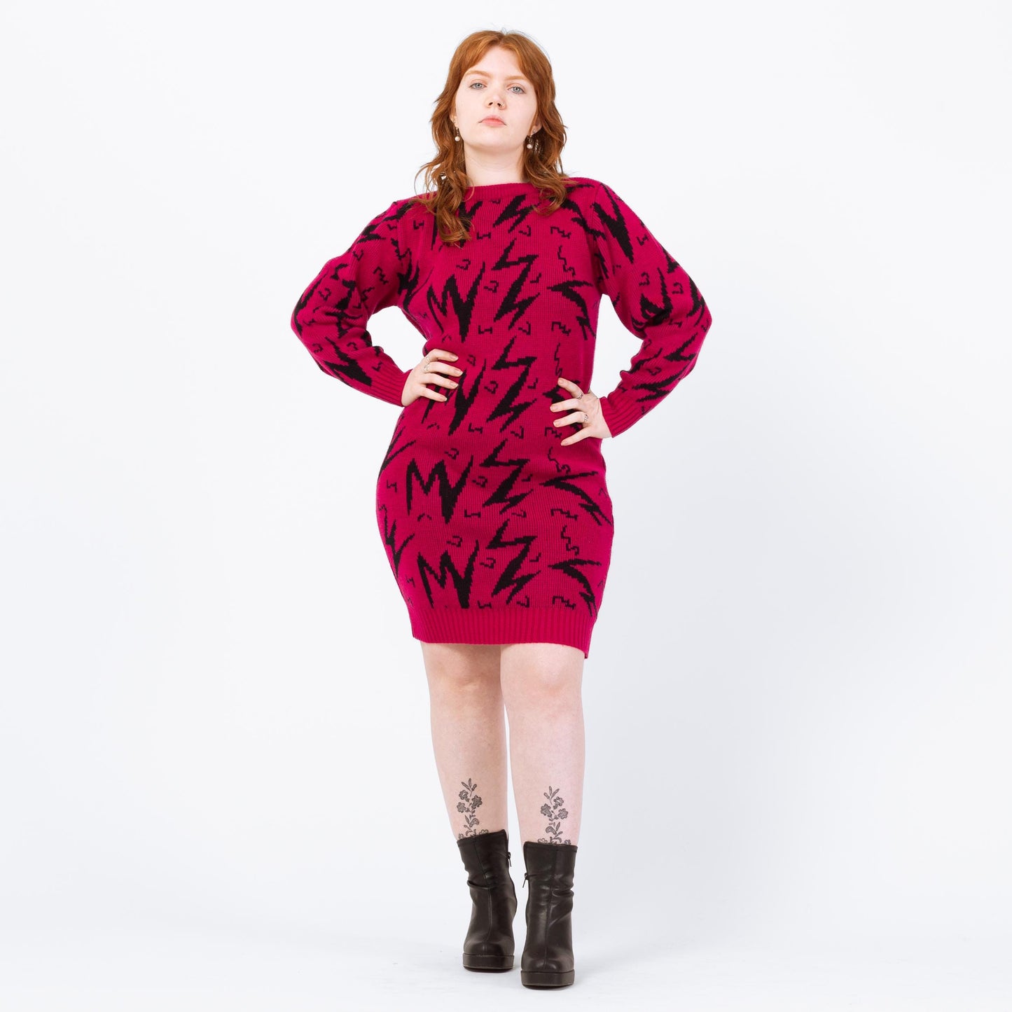 Vintage 80s Magenta Lightning Bolt Sweater Dress - Large | Geometric Knit Oversize Pullover
