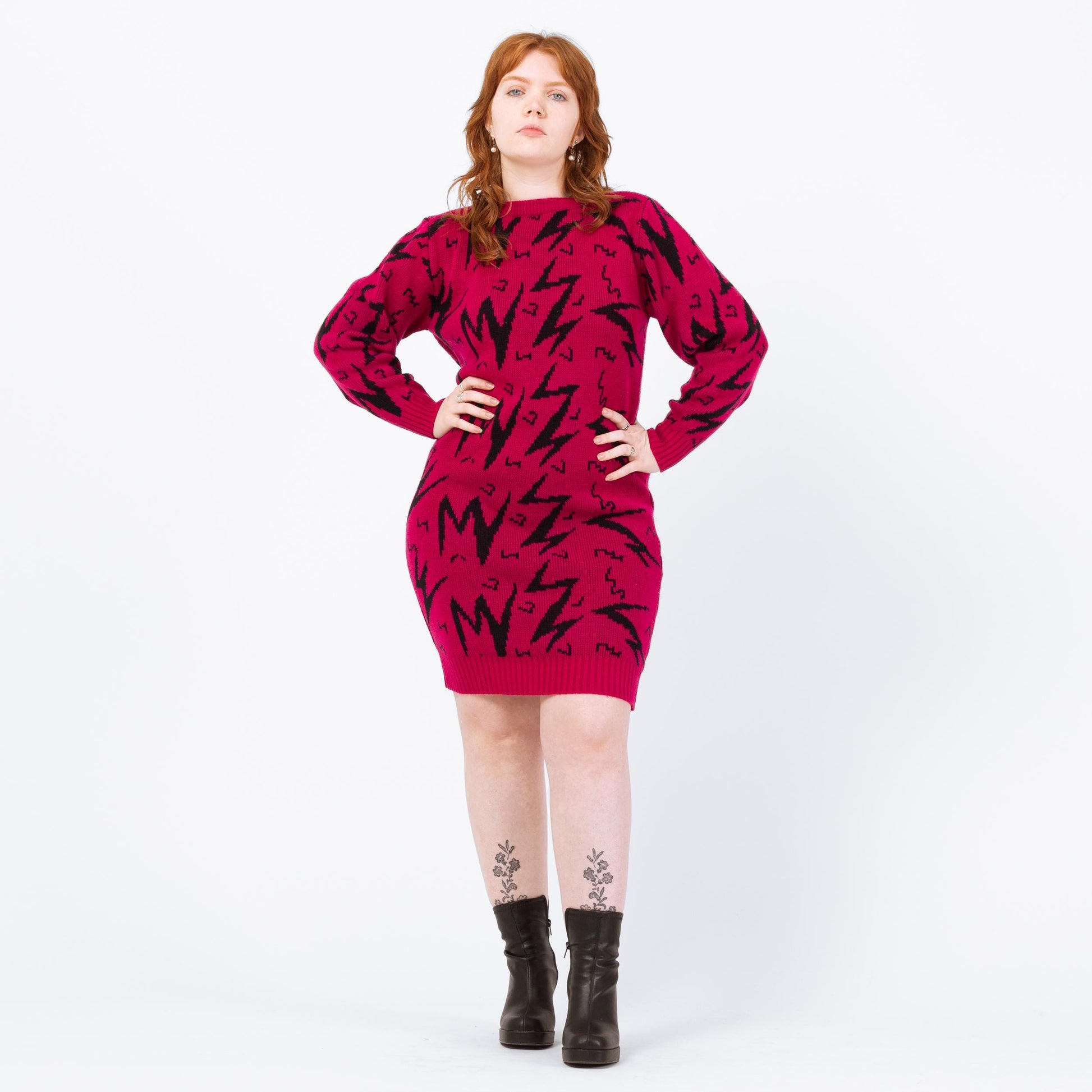 Vintage 80s Magenta Lightning Bolt Sweater Dress - Large | Geometric Knit Oversize Pullover