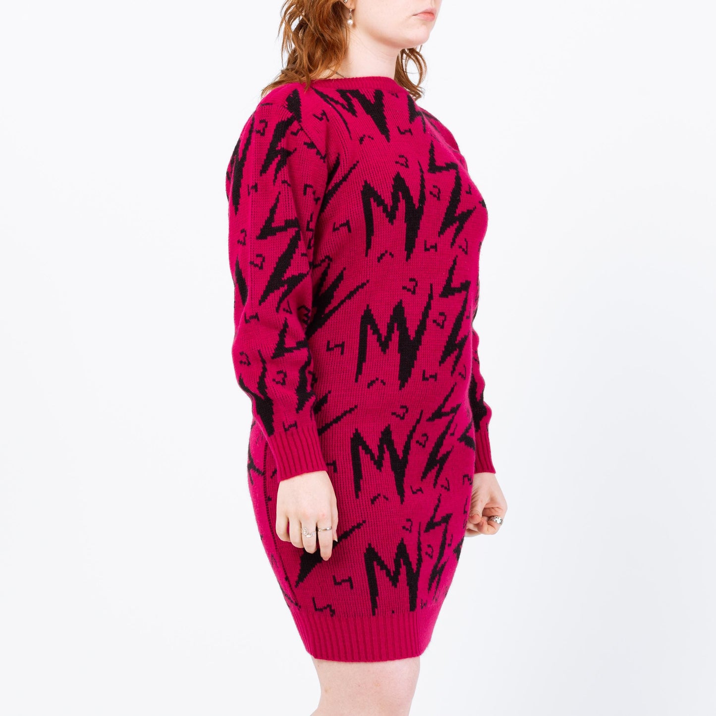 Vintage 80s Magenta Lightning Bolt Sweater Dress - Large | Geometric Knit Oversize Pullover