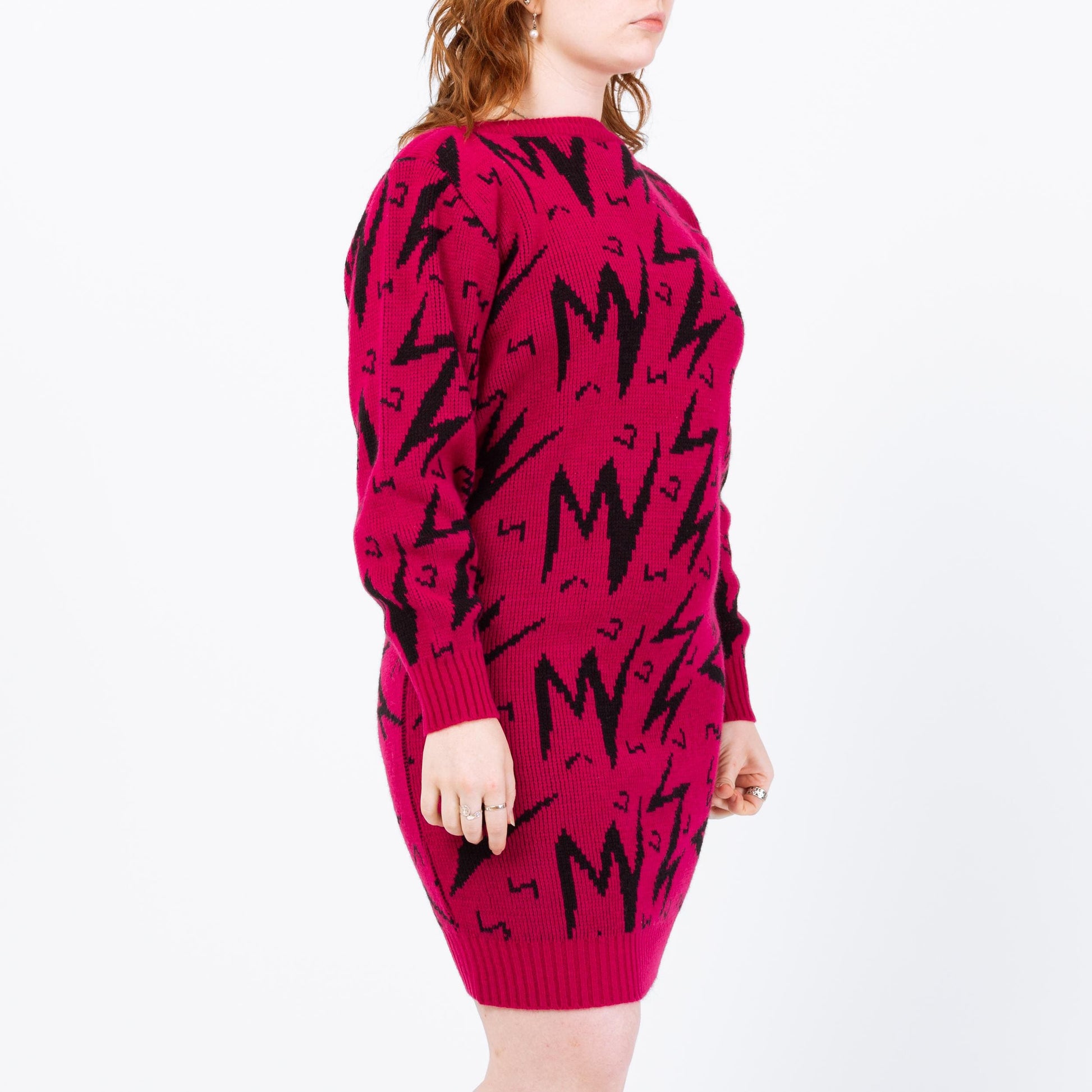 Vintage 80s Magenta Lightning Bolt Sweater Dress - Large | Geometric Knit Oversize Pullover