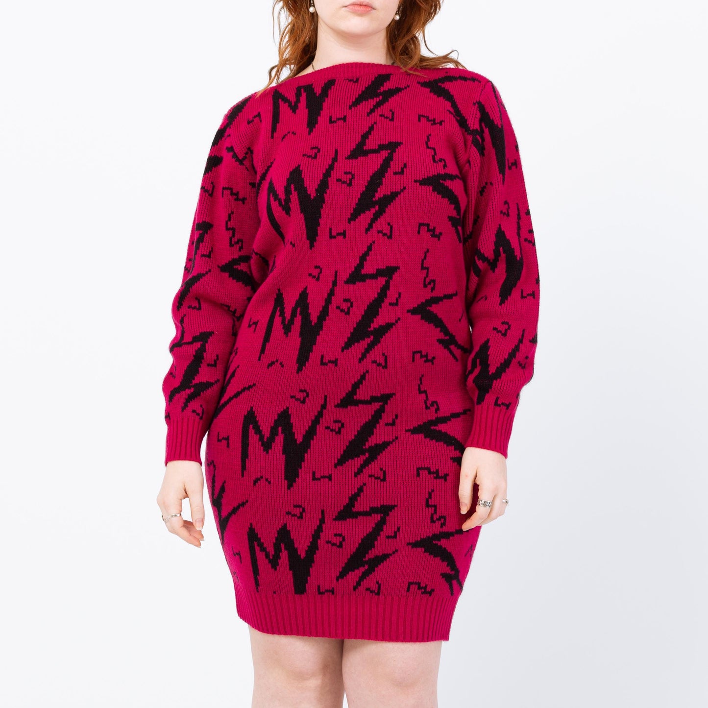 Vintage 80s Magenta Lightning Bolt Sweater Dress - Large | Geometric Knit Oversize Pullover
