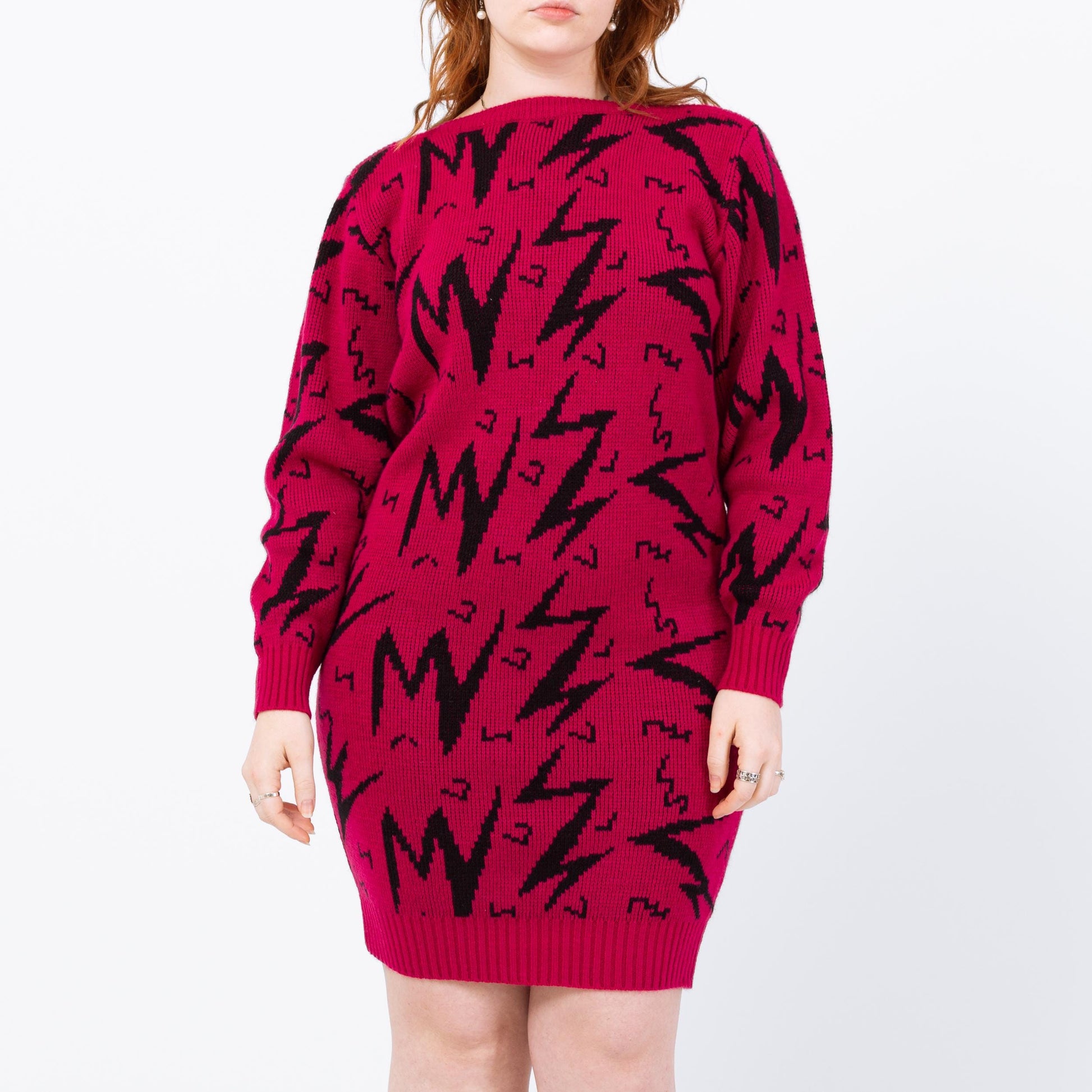Vintage 80s Magenta Lightning Bolt Sweater Dress - Large | Geometric Knit Oversize Pullover