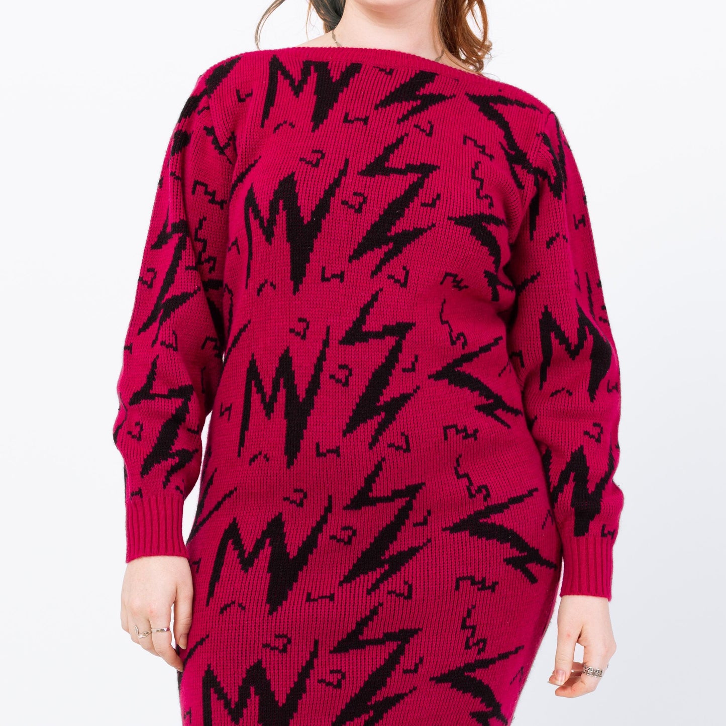 Vintage 80s Magenta Lightning Bolt Sweater Dress - Large | Geometric Knit Oversize Pullover