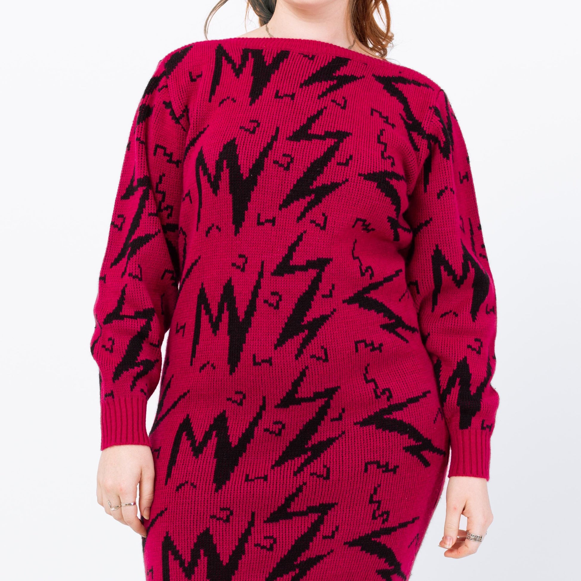Vintage 80s Magenta Lightning Bolt Sweater Dress - Large | Geometric Knit Oversize Pullover