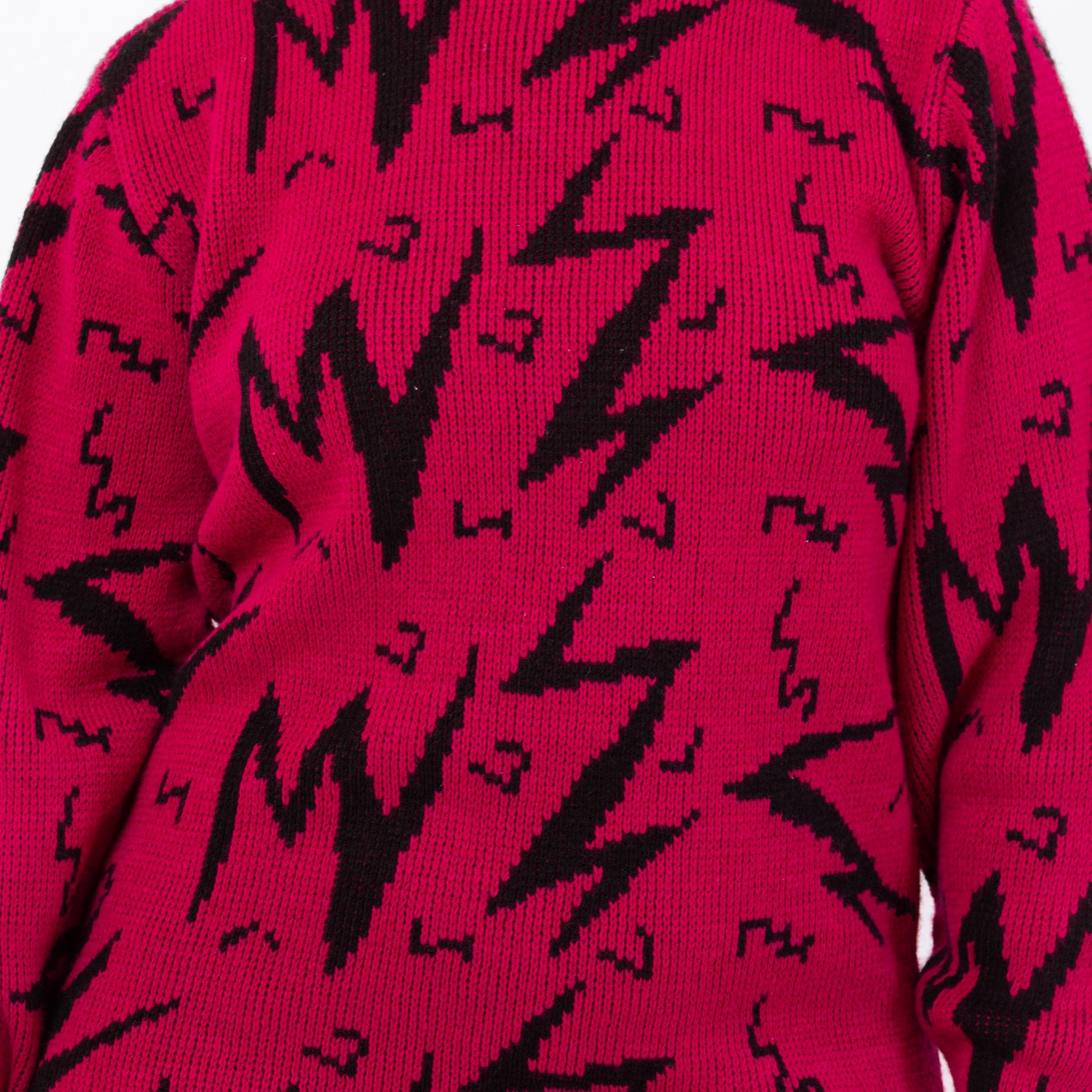 Vintage 80s Magenta Lightning Bolt Sweater Dress - Large | Geometric Knit Oversize Pullover