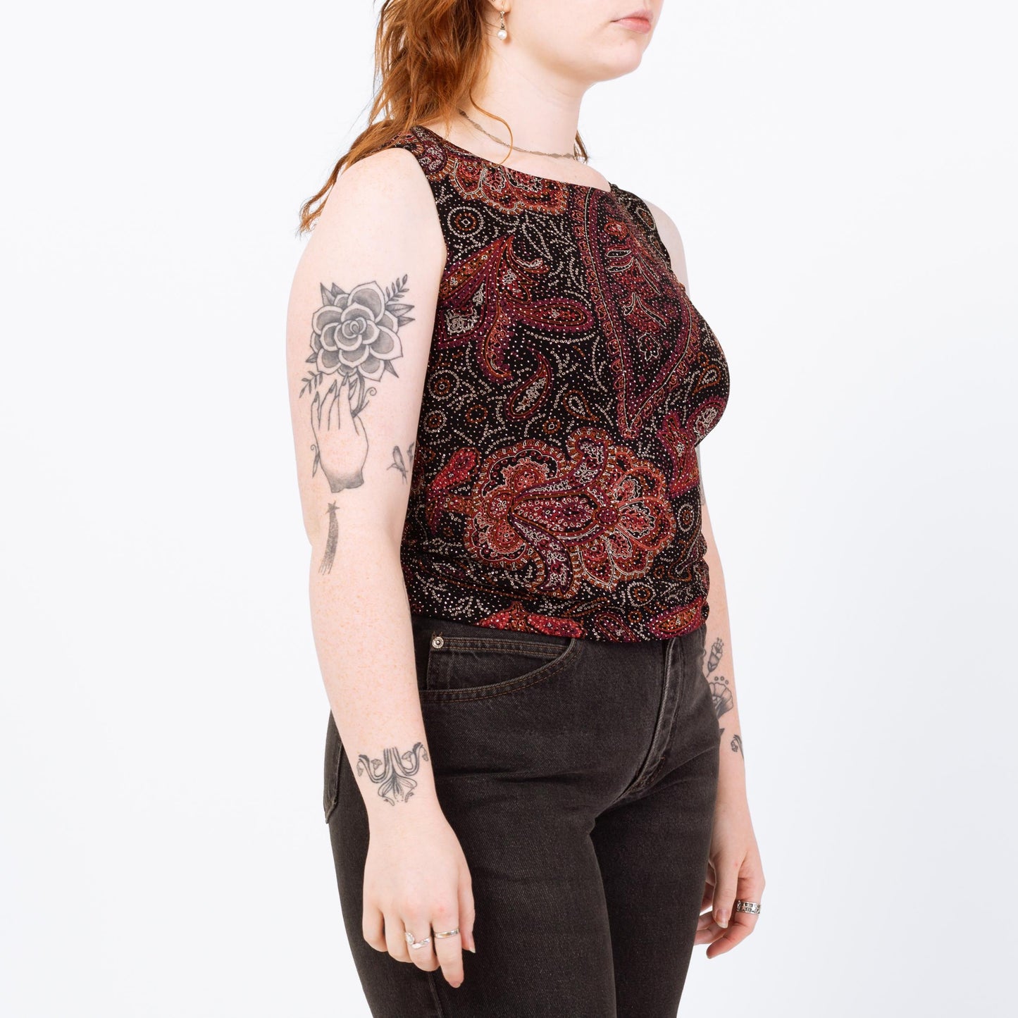Vintage 90s Black & Red Sparkle Tank - Medium | Paisley Print Stretchy Sleeveless Top