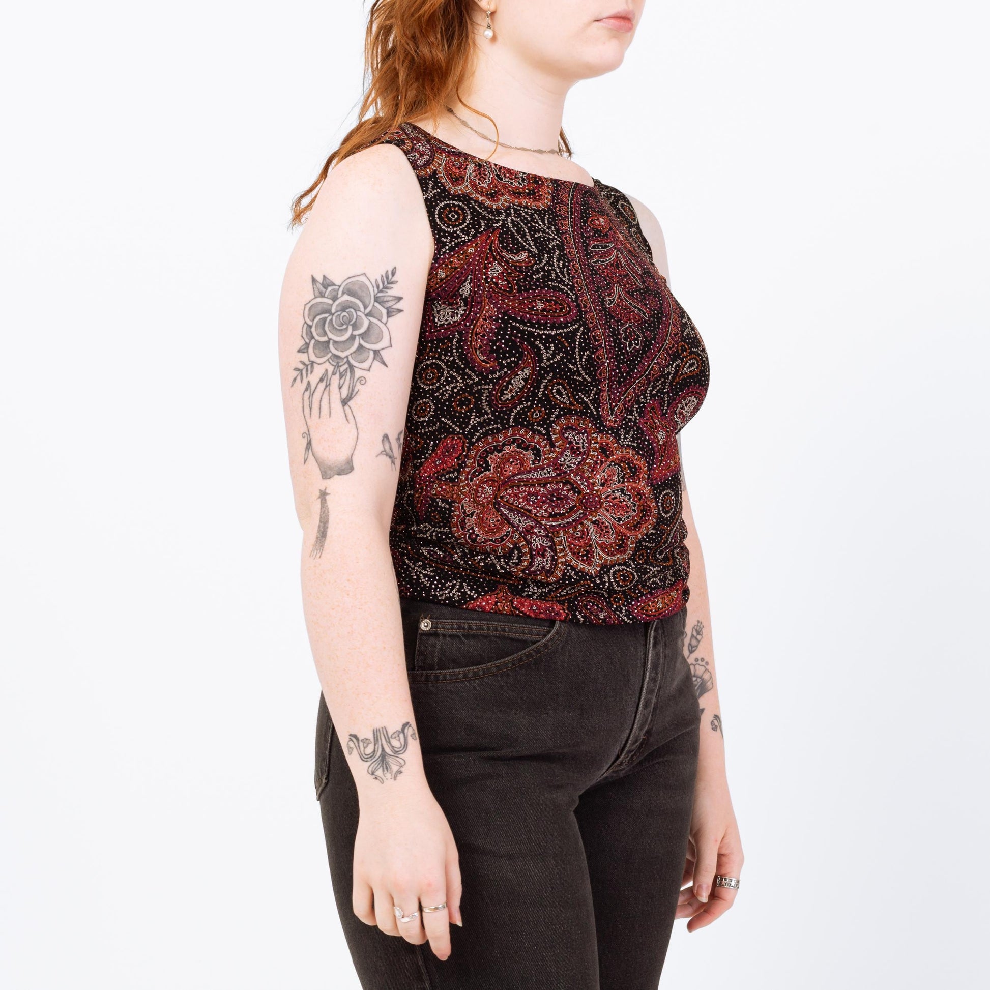 Vintage 90s Black & Red Sparkle Tank - Medium | Paisley Print Stretchy Sleeveless Top