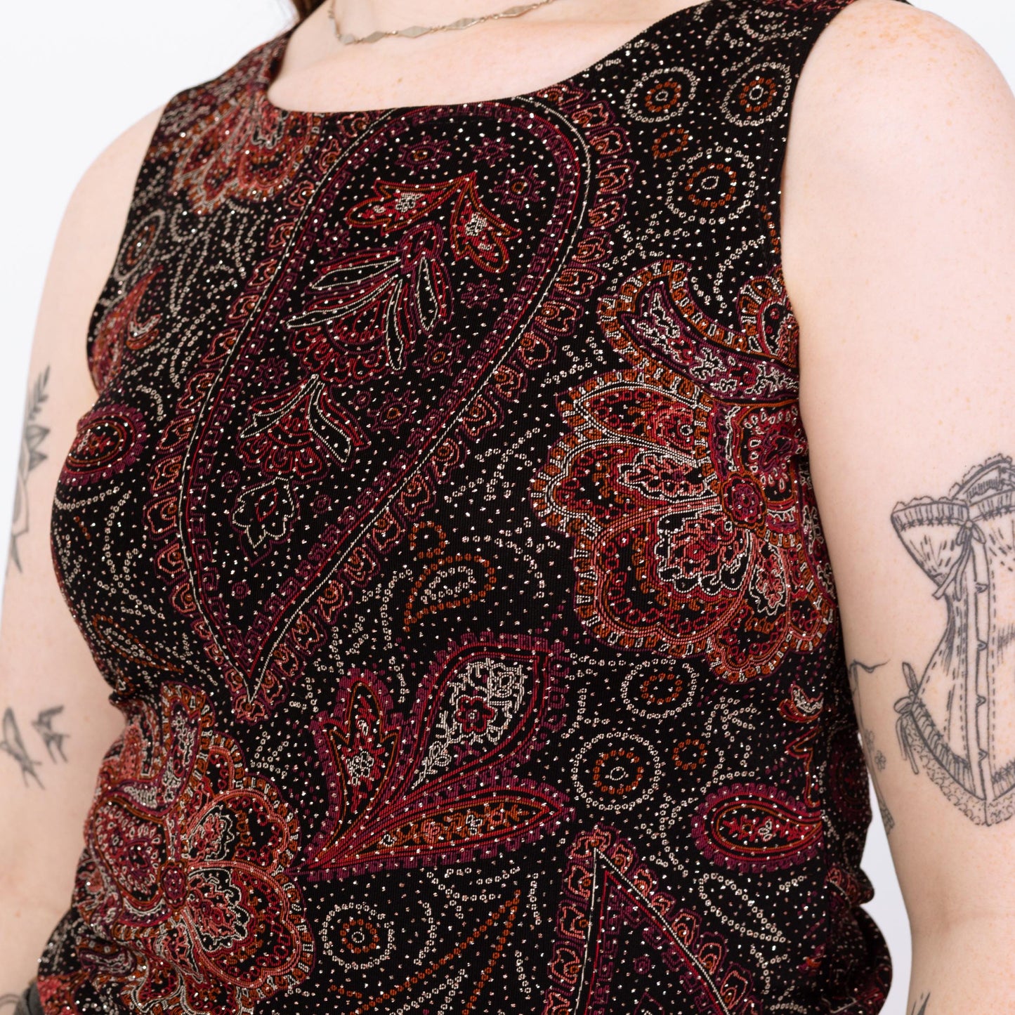 Vintage 90s Black & Red Sparkle Tank - Medium | Paisley Print Stretchy Sleeveless Top