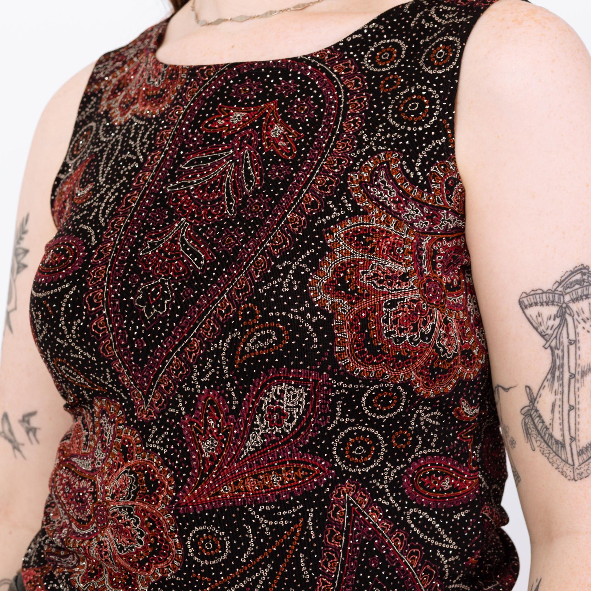 Vintage 90s Black & Red Sparkle Tank - Medium | Paisley Print Stretchy Sleeveless Top