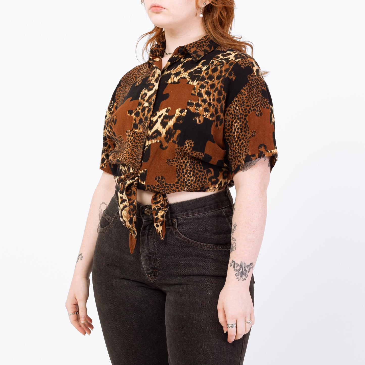 Vintage 90s Jigsaw Puzzle Animal Print Crop Top - Large | Button Up Tie Front Shirt