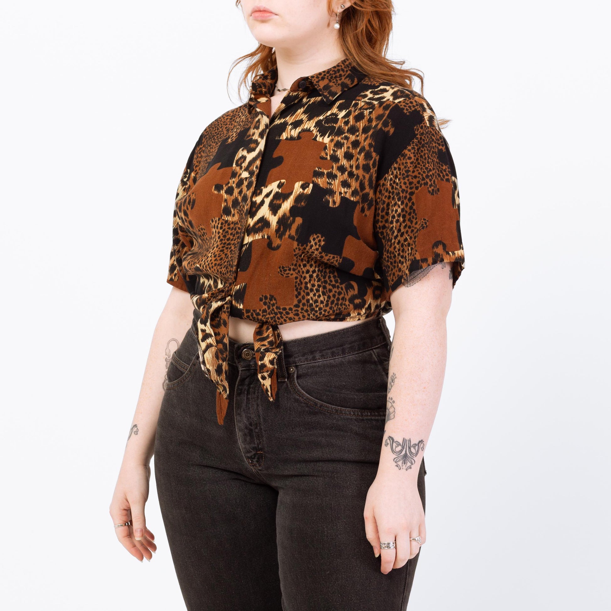 Vintage 90s Jigsaw Puzzle Animal Print Crop Top - Large | Button Up Tie Front Shirt