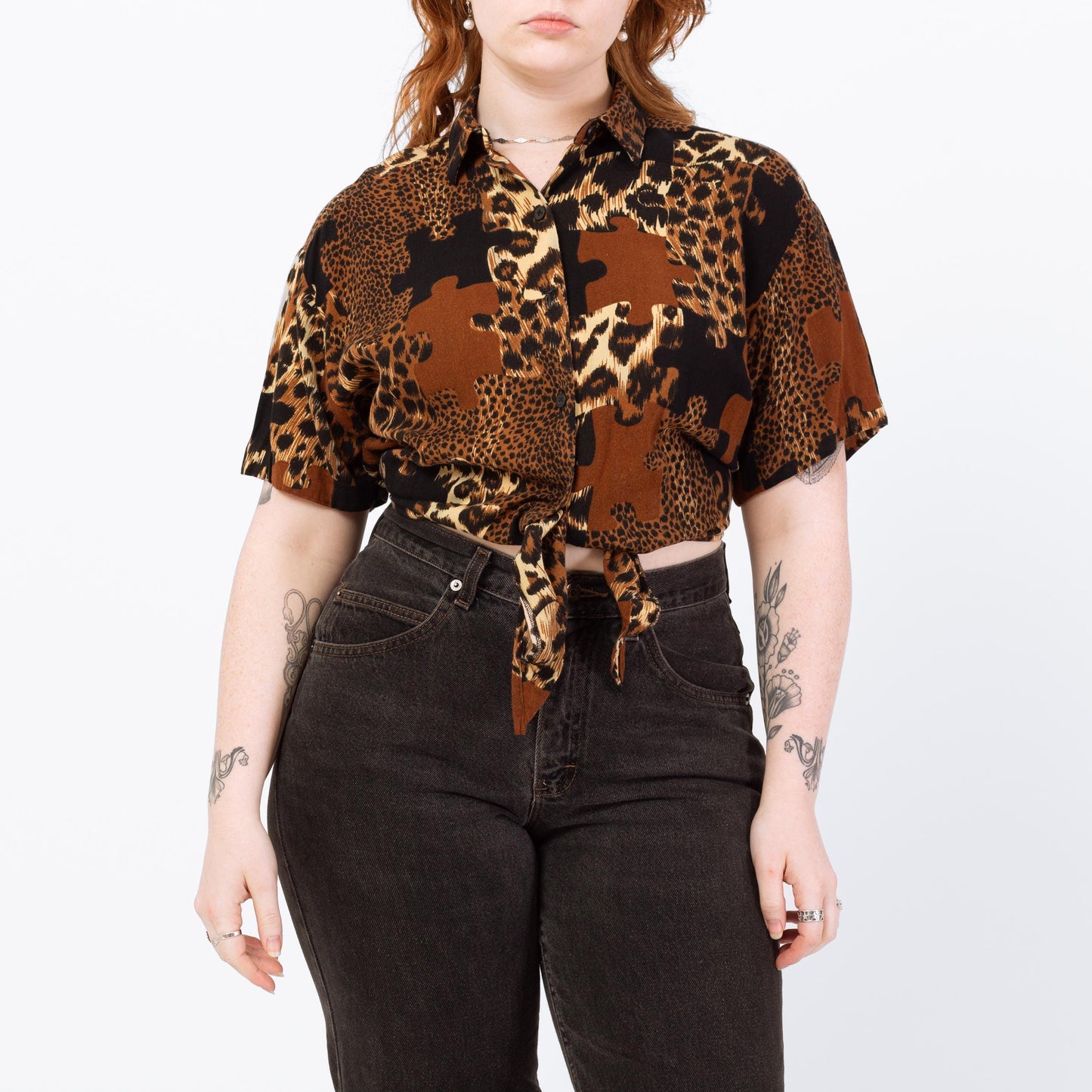 Vintage 90s Jigsaw Puzzle Animal Print Crop Top - Large | Button Up Tie Front Shirt