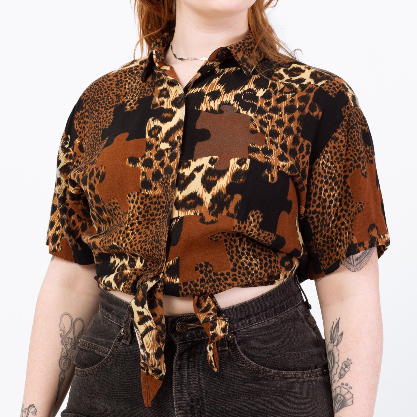 Vintage 90s Jigsaw Puzzle Animal Print Crop Top - Large | Button Up Tie Front Shirt