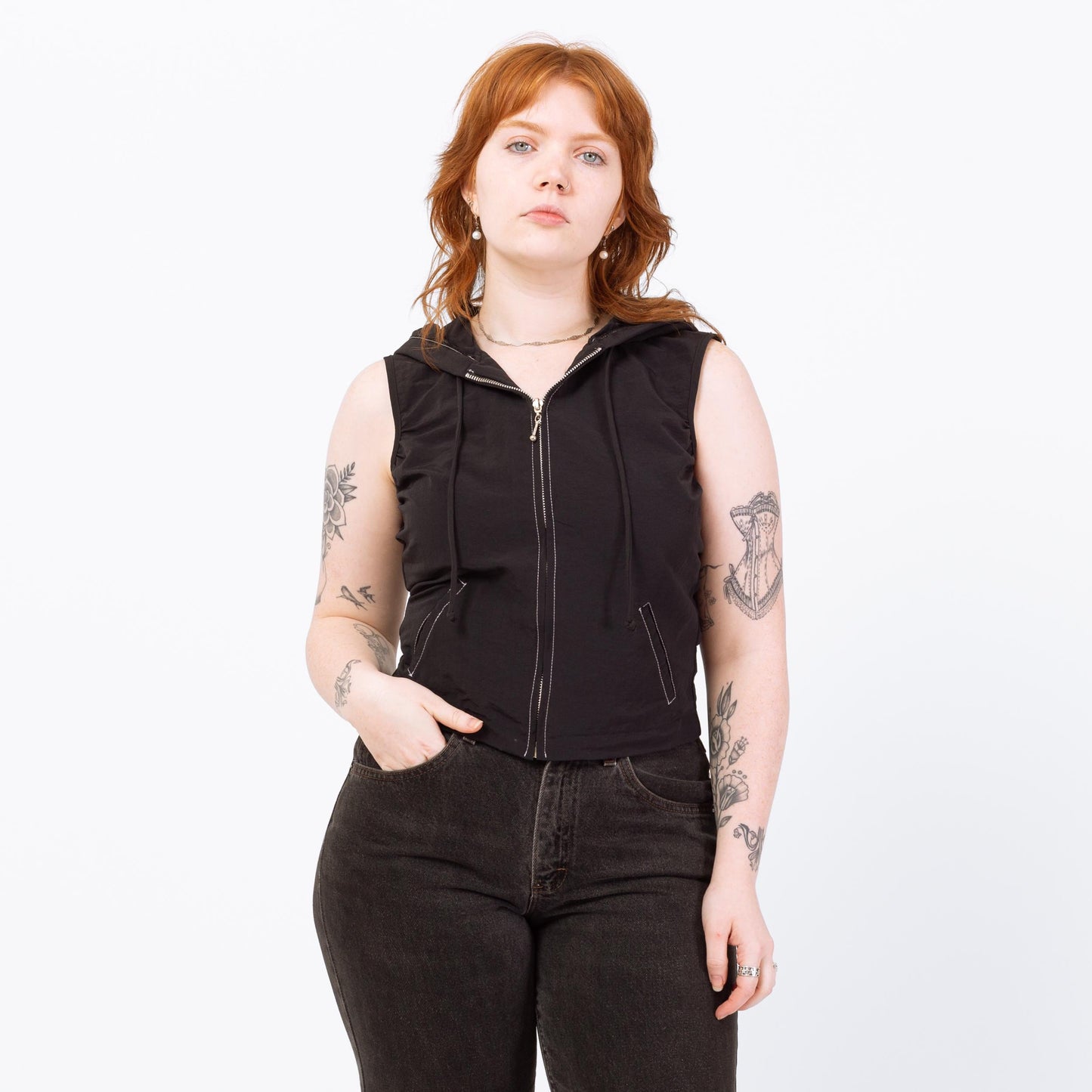 Vintage 90s Black Zip Up Hoodie Top - Medium | Sleeveless Cropped Hooded Shirt