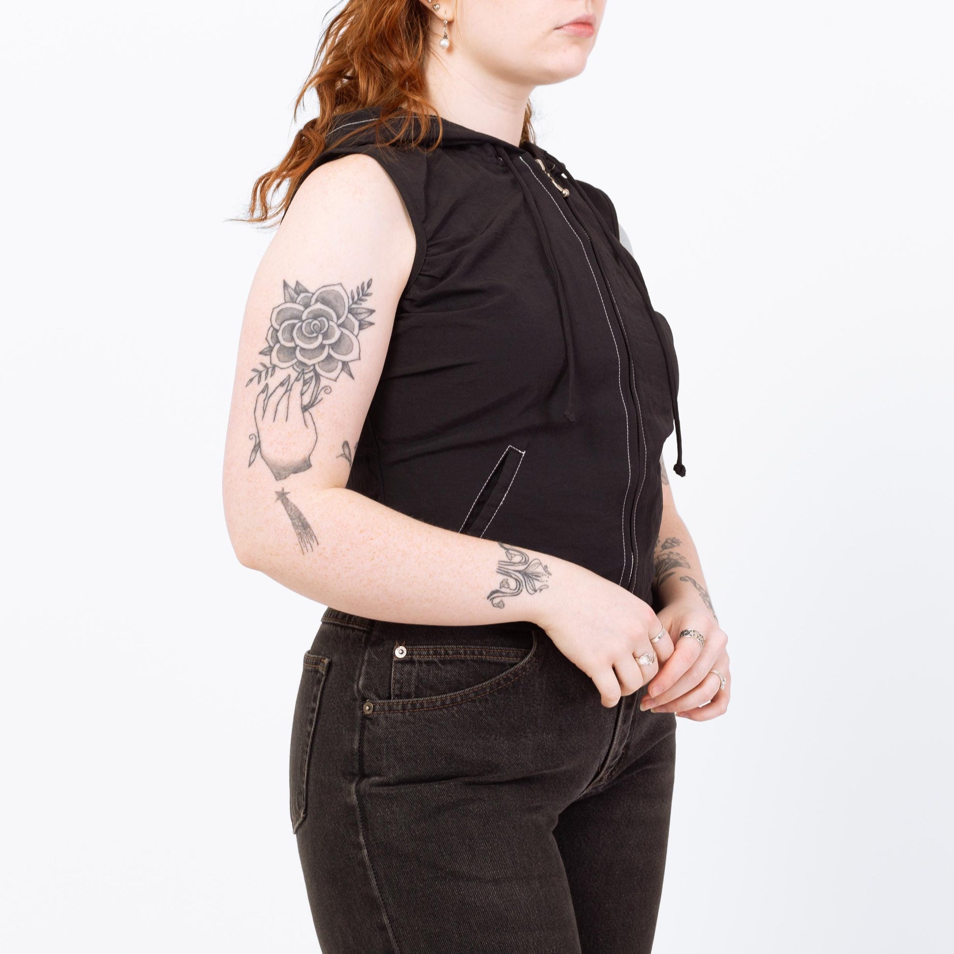 Vintage 90s Black Zip Up Hoodie Top - Medium | Sleeveless Cropped Hooded Shirt
