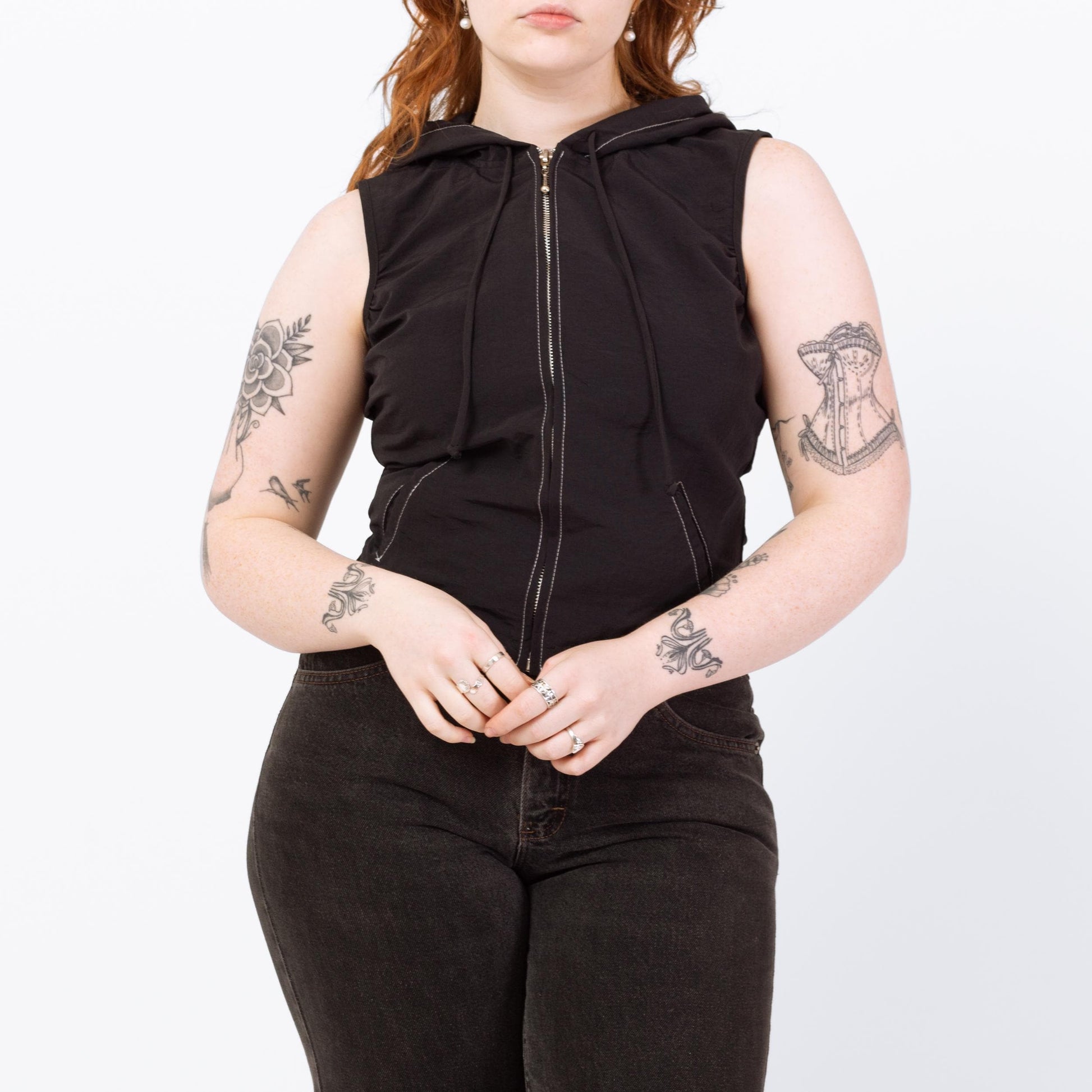 Vintage 90s Black Zip Up Hoodie Top - Medium | Sleeveless Cropped Hooded Shirt