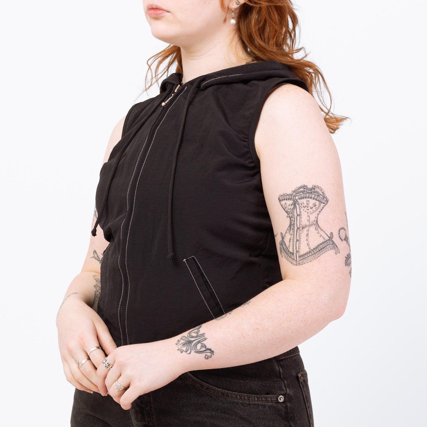 Vintage 90s Black Zip Up Hoodie Top - Medium | Sleeveless Cropped Hooded Shirt